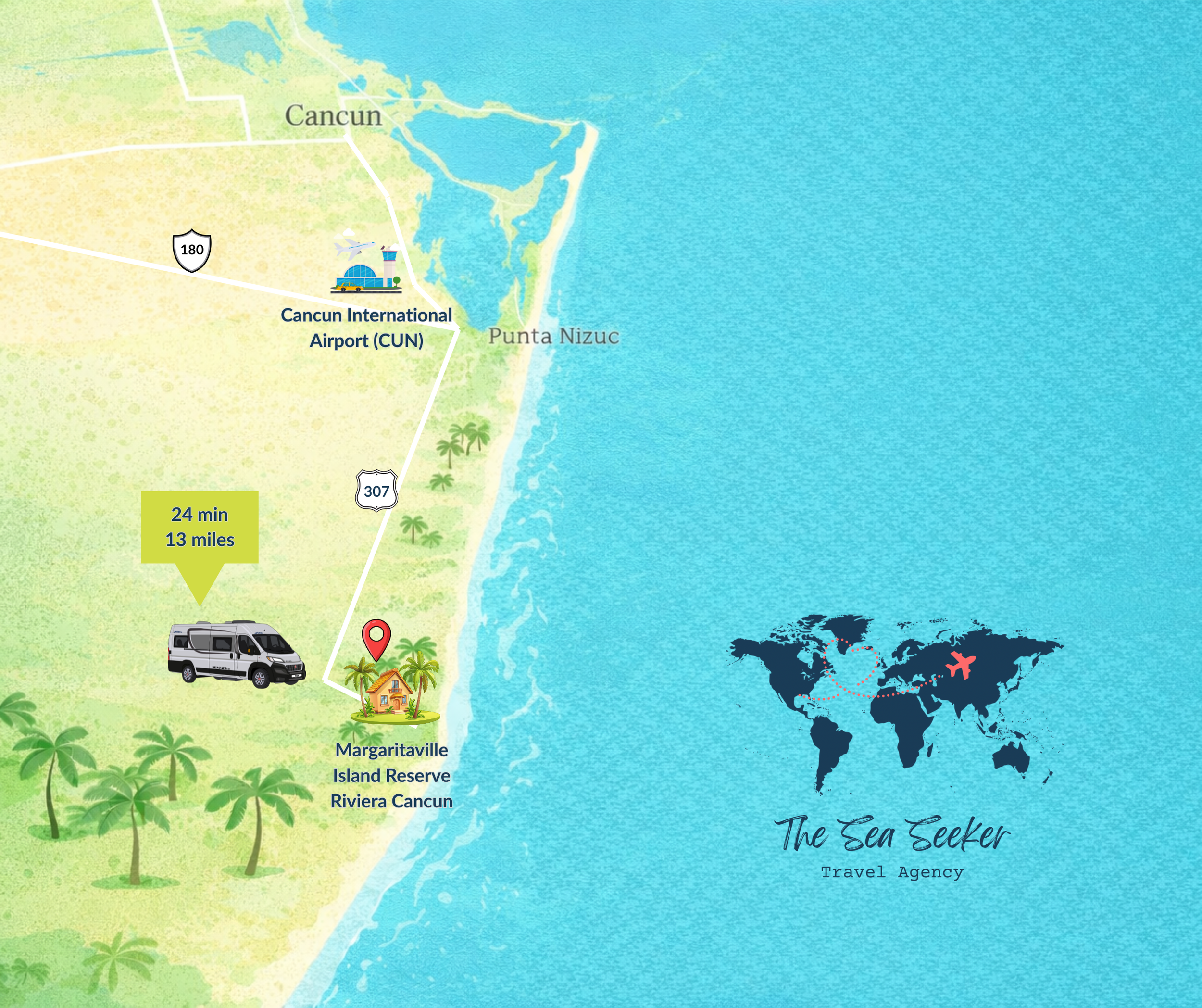 Map from Cancun International Airport to Margaritaville Island Reserve Riviera Cancun