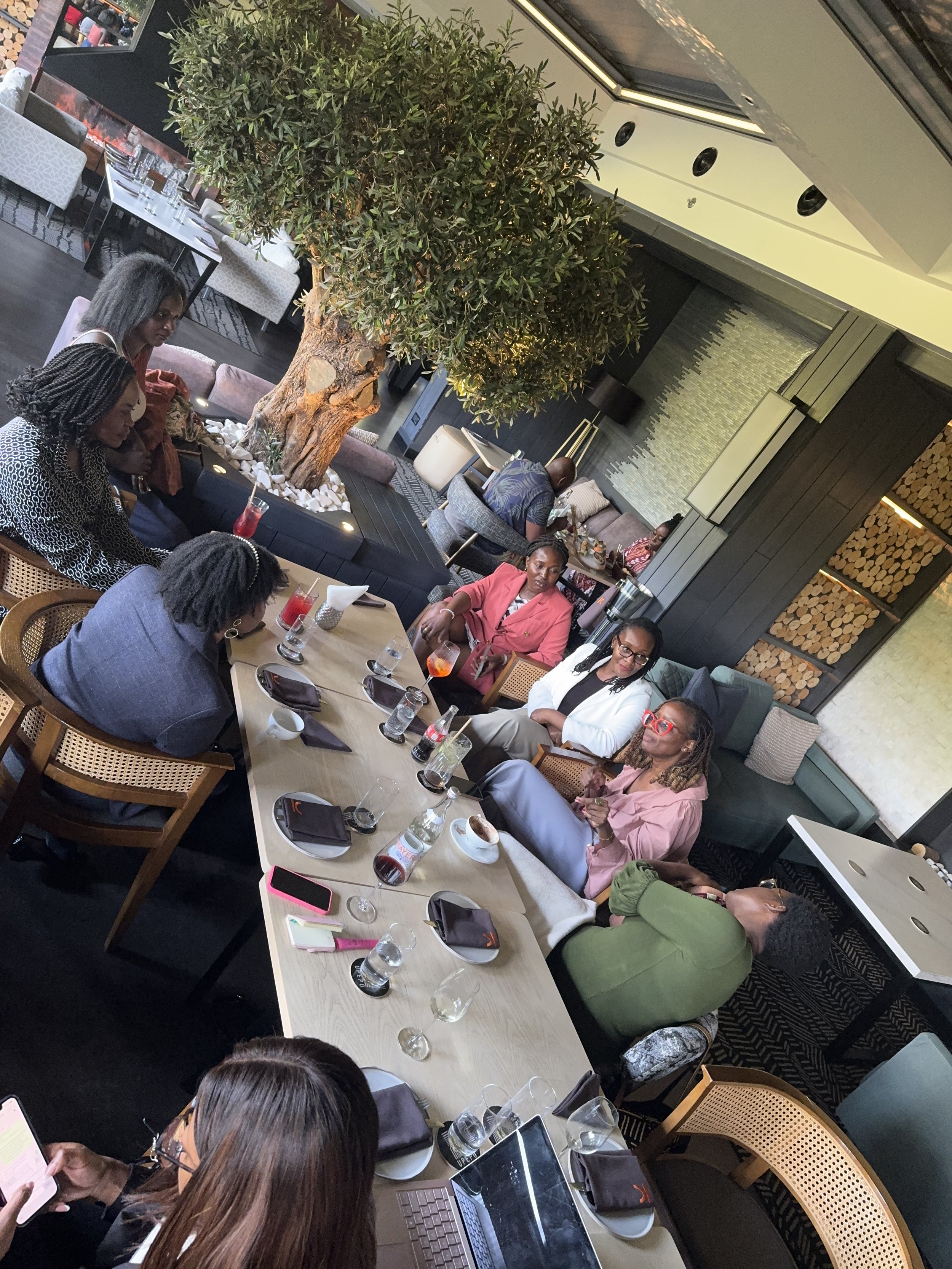 A group of people sitting around a long dining table with drinks and snacks, in a modern restaurant or hotel lounge area. There is a large tree in the center, and the setting has contemporary decor with chairs, sofas, and wall art.