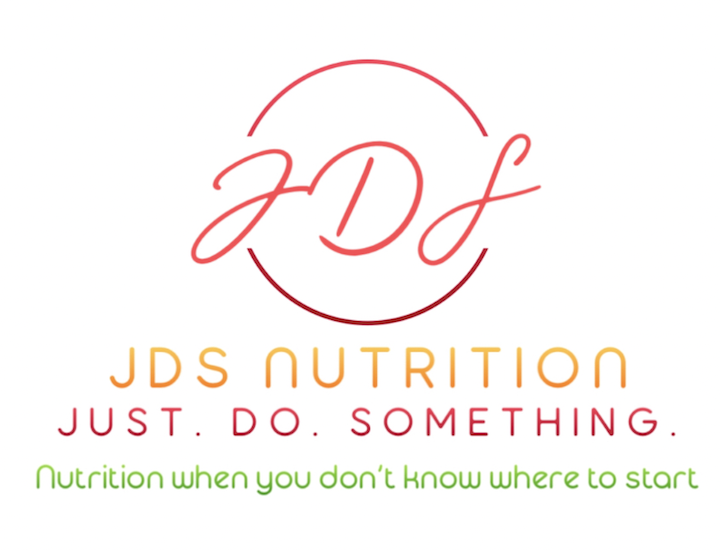 Logo for JDS Nutrition featuring a circular design with the initials 'JDS' in cursive, and the tagline 'Just. Do. Something.' with the phrase 'Nutrition when you don't know where to start' underneath.