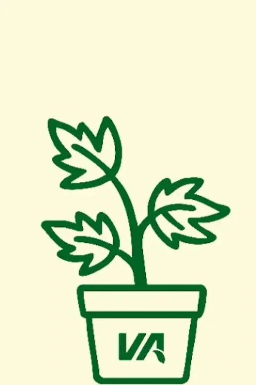 A simple line drawing of a potted plant with three large leaves, in green outline on a light background, with a logo on the pot.