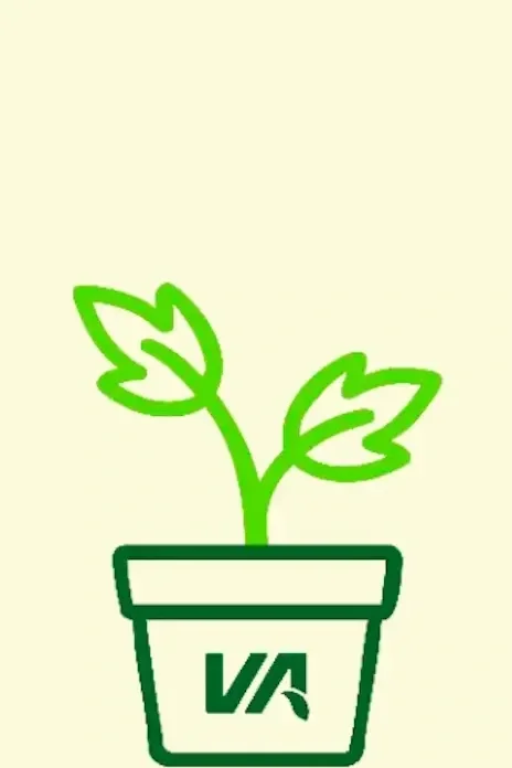Illustration of a potted plant with two leaves in bright green, on a light yellow background.