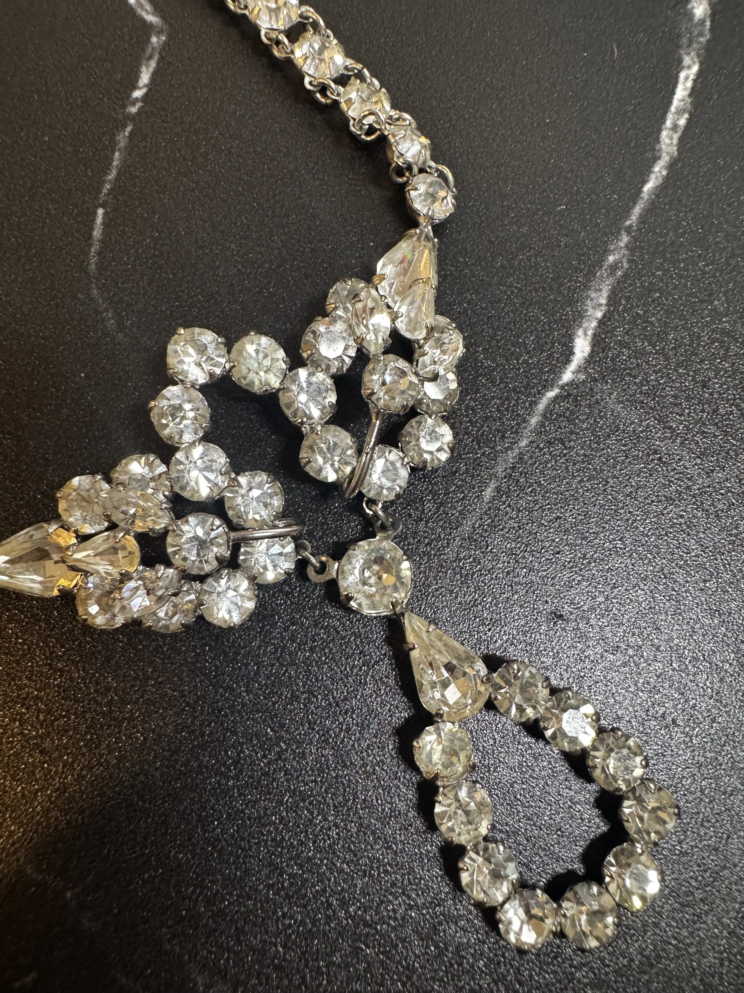 1950s Rhinestone Necklace with Pear Shapes, Prong-set