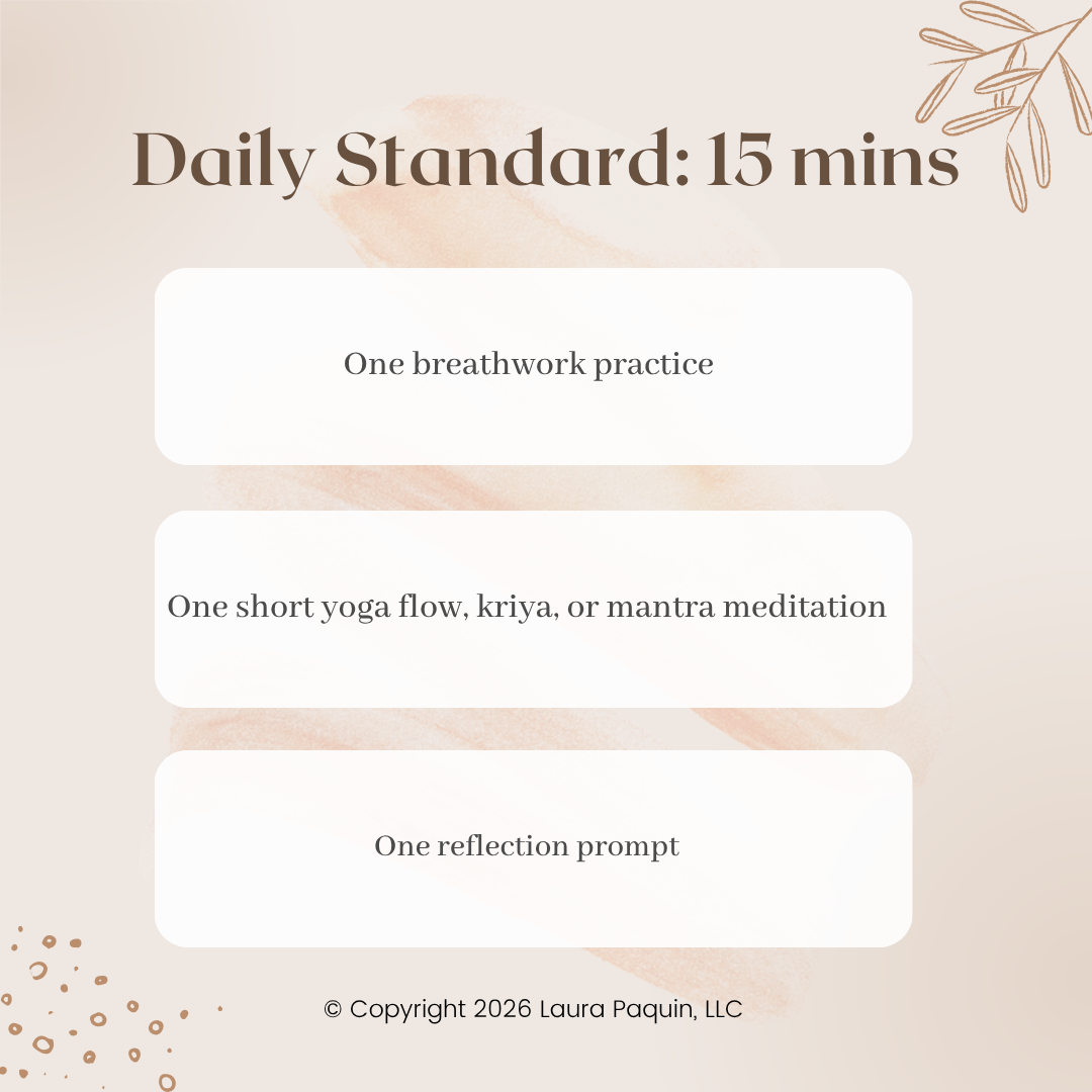 A daily wellness plan listing three 15-minute activities: breathwork practice, yoga flow or meditation, and a reflection prompt, with a beige and peach watercolor background and botanical accents.