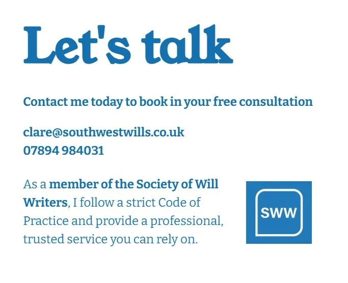 A promotional graphic for a writing professional. It has a large blue heading that says "Let's talk," followed by contact information, including an email and phone number. There is a paragraph explaining membership in the Society of Will Writers, emphasizing professionalism and a code of practice. The graphic also features the Society of Will Writers logo, which is a blue square with rounded corners and the white initials "SWW" inside.