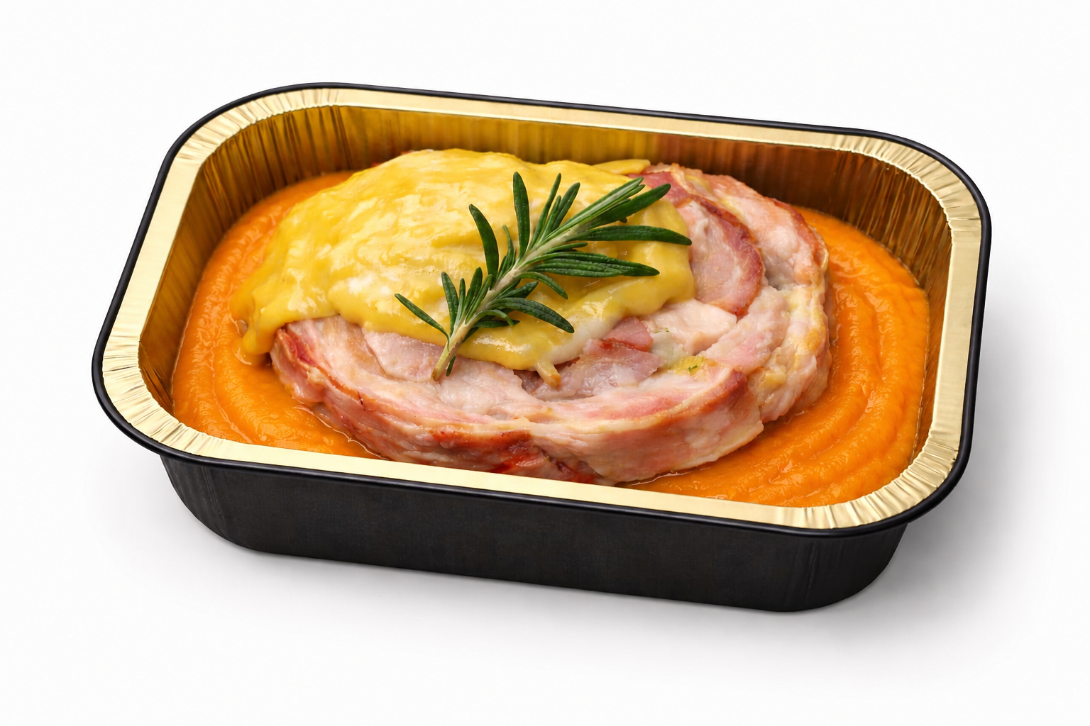 Rolata di coniglio ripiena di prosciutto cotto  con salsa al vino bianco e purè di carote
