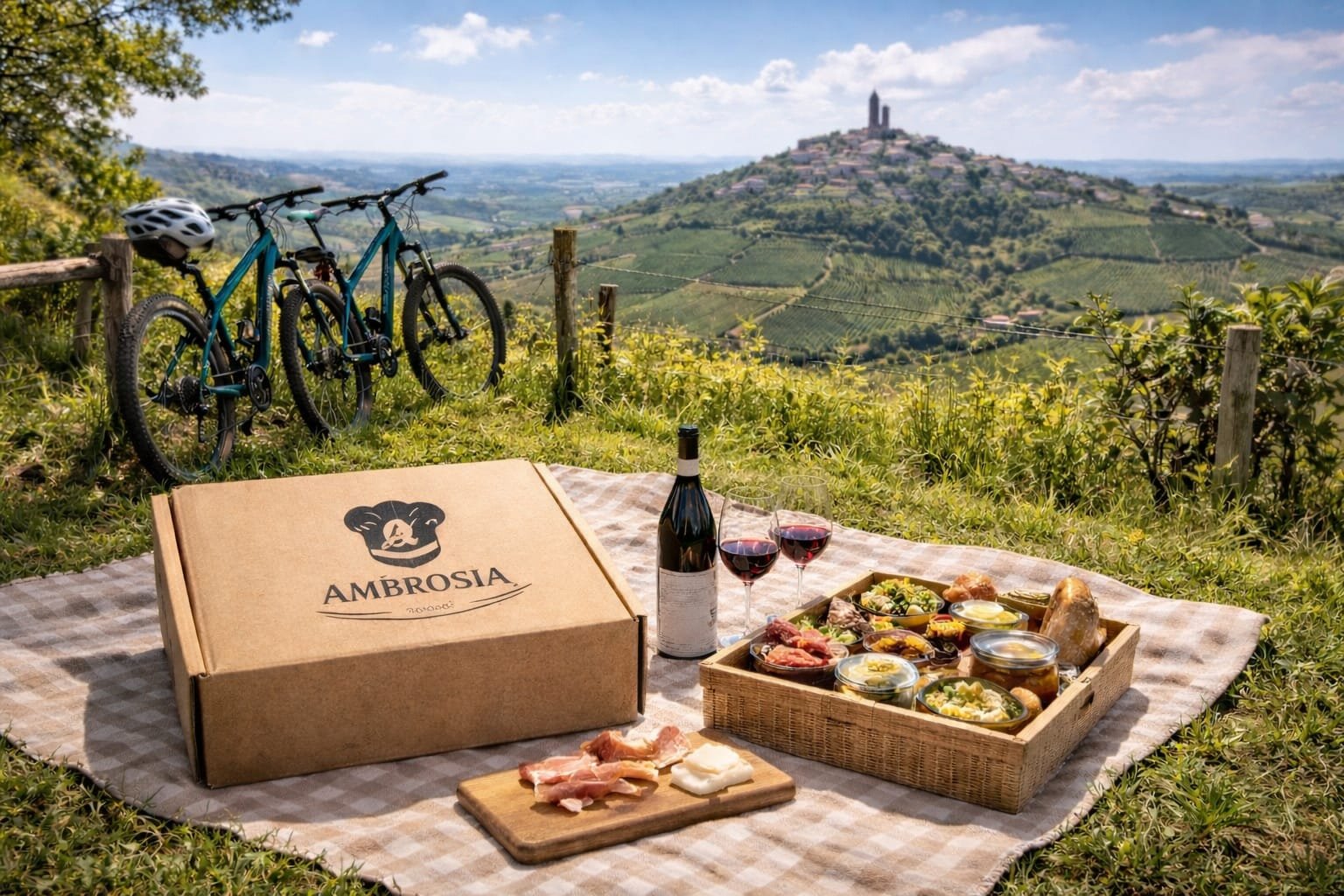 Picnic gourmet nelle Langhe con e-bike Ambrosia, degustazione tra vigneti con vista panoramica
