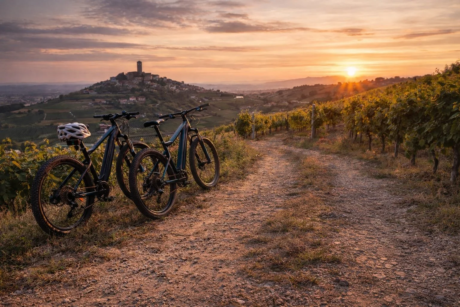 E-bike experience tra i vigneti delle Langhe al tramonto. Percorsi panoramici tra Barolo, Castiglione Falletto e La Morra con Ambrosia Langhe.