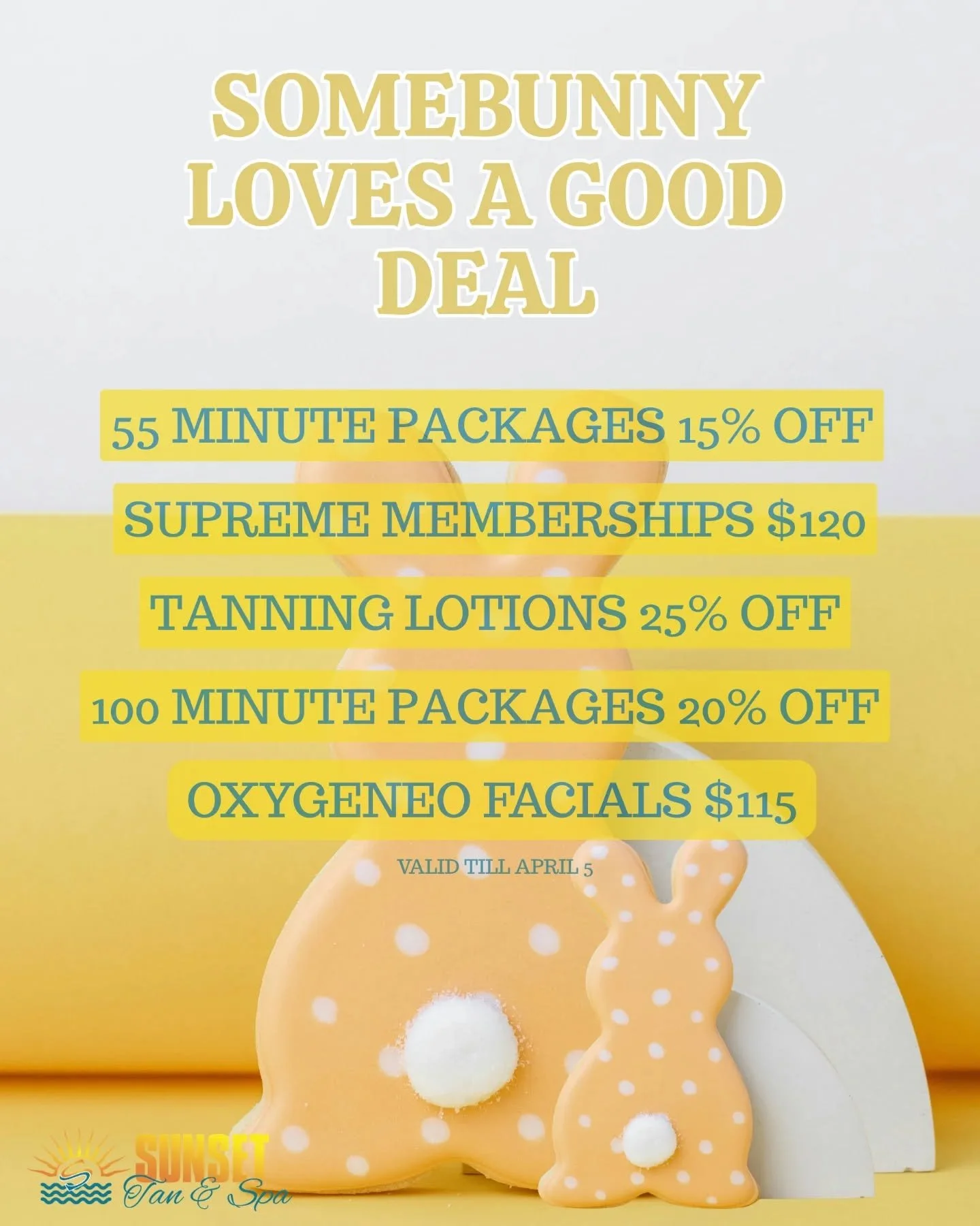 🌷🐰 Easter just got a little brighter at Sunset Tan &amp; Spa!
Somebunny loves a good deal&hellip; and we&rsquo;ve got plenty to go around! 🐣

Hop in and treat yourself to some egg-cellent Easter specials before they&rsquo;re gone.

✨ 55 Minute Pac