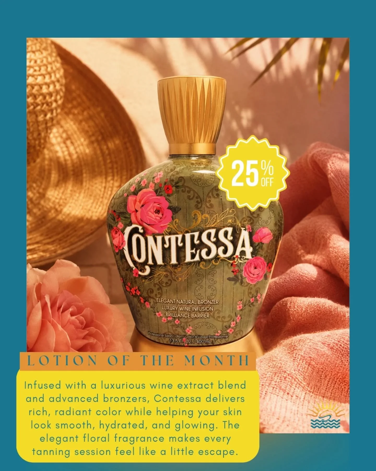 🌹✨ LOTION OF THE MONTH ✨🌹

This month, enjoy 25% OFF Contessa! 

☀️ Rich, radiant bronze results
🌹 Luxurious floral scent
✨ Hydrated, glowing skin
👑 Salon-favorite luxury formula

Why settle for ordinary when you can tan like royalty?
.
.
#tanned