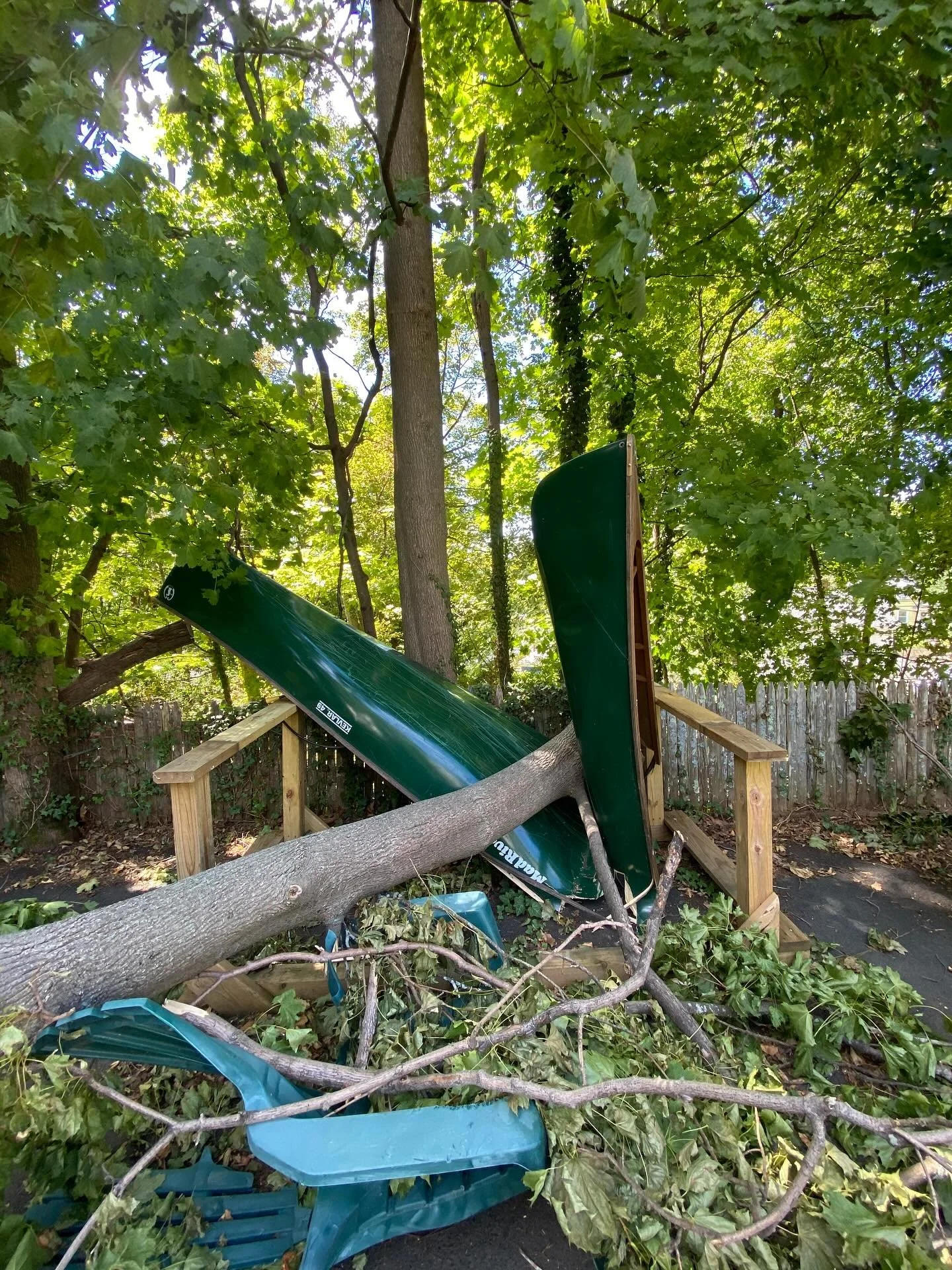 The universe taketh away… and sometimes giveth back three years later.
We returned from a hiking trip in Aug, 2022, to the wreckage of our beloved canoe, which had been demolished by a freakily violent storm that had swept through Arlington.
