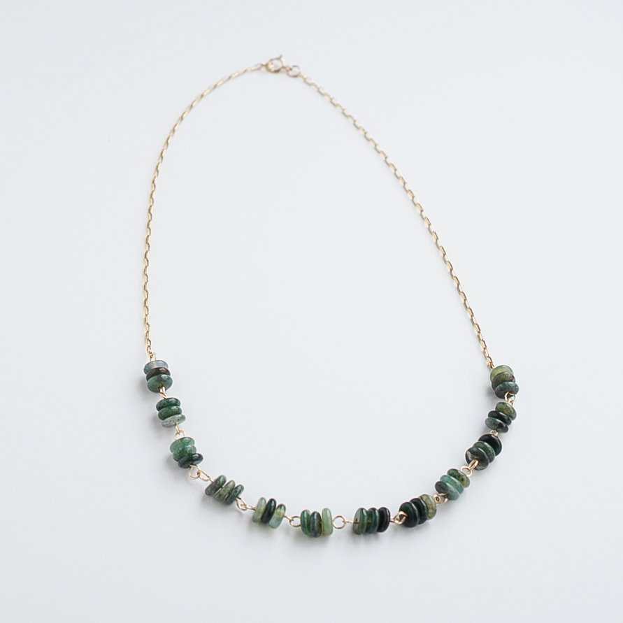 16 inch moss agate beaded link necklace with 14k gold filled rolo chain and clasp on a white background