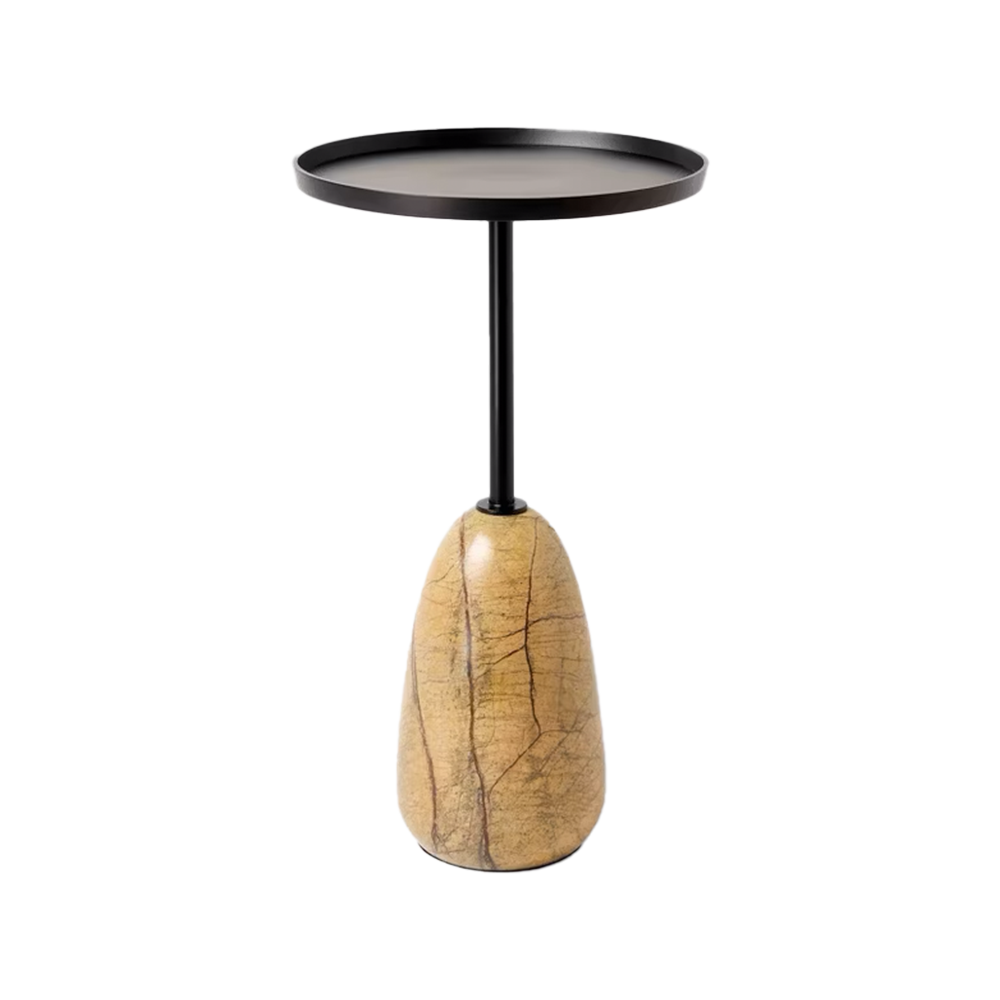 Modern side table with a black round top and a marble-like beige base.