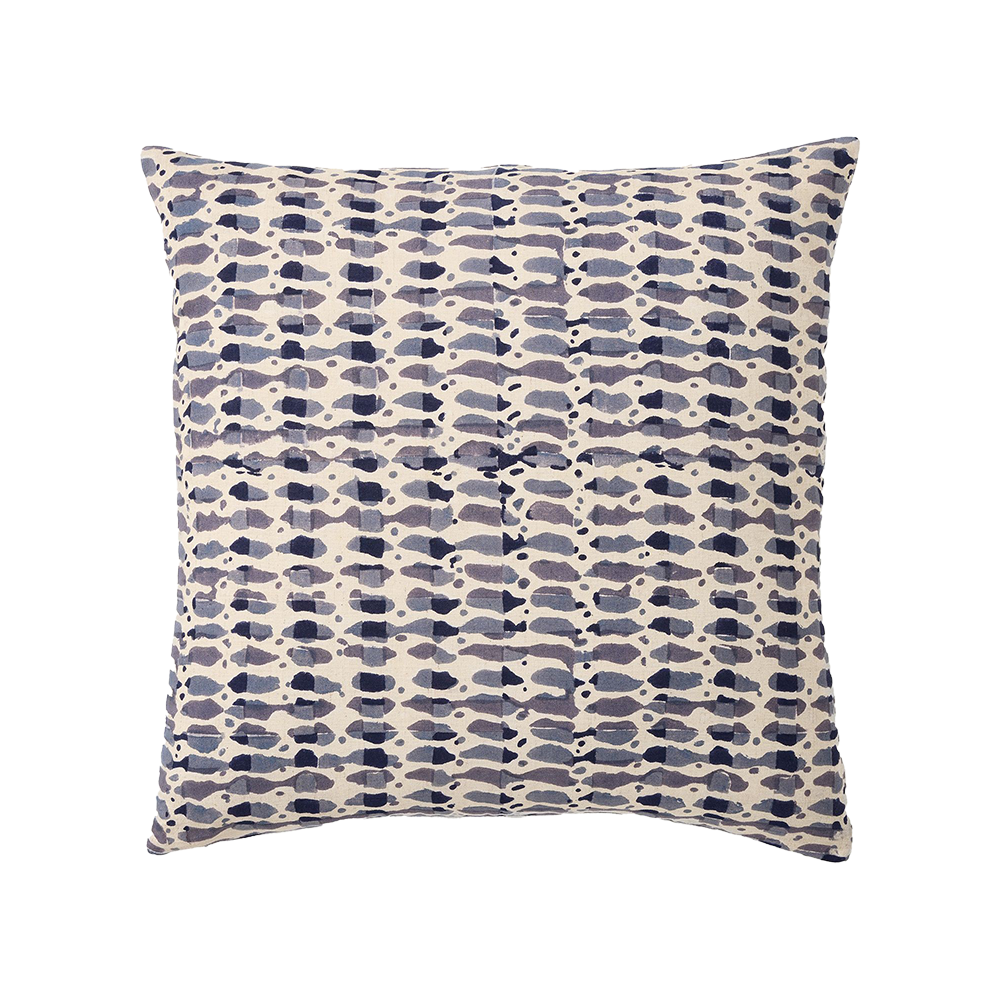 Square pillow with blue and white abstract pattern.