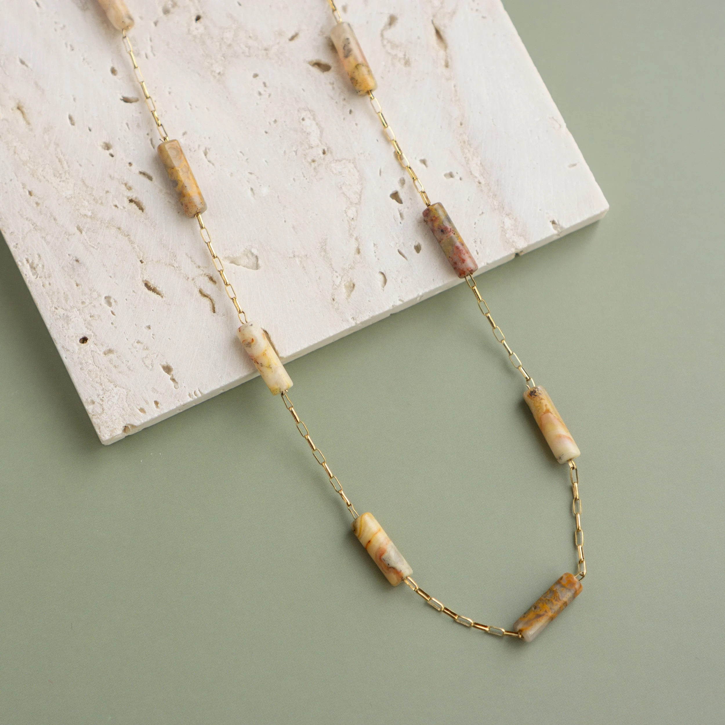 Tube Bead Station Necklace in Crazy Lace Agate