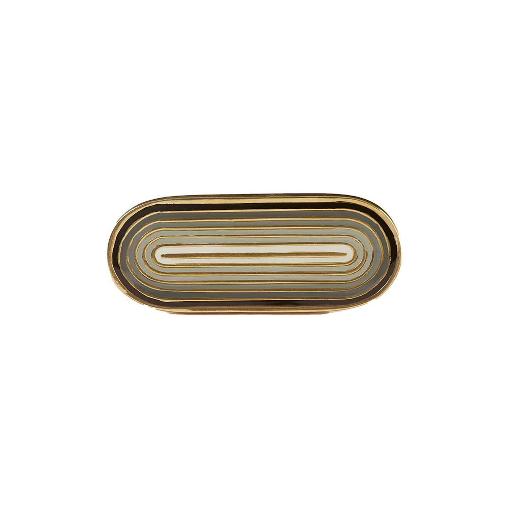 Oval-shaped decorative tray with concentric gold and gray stripes