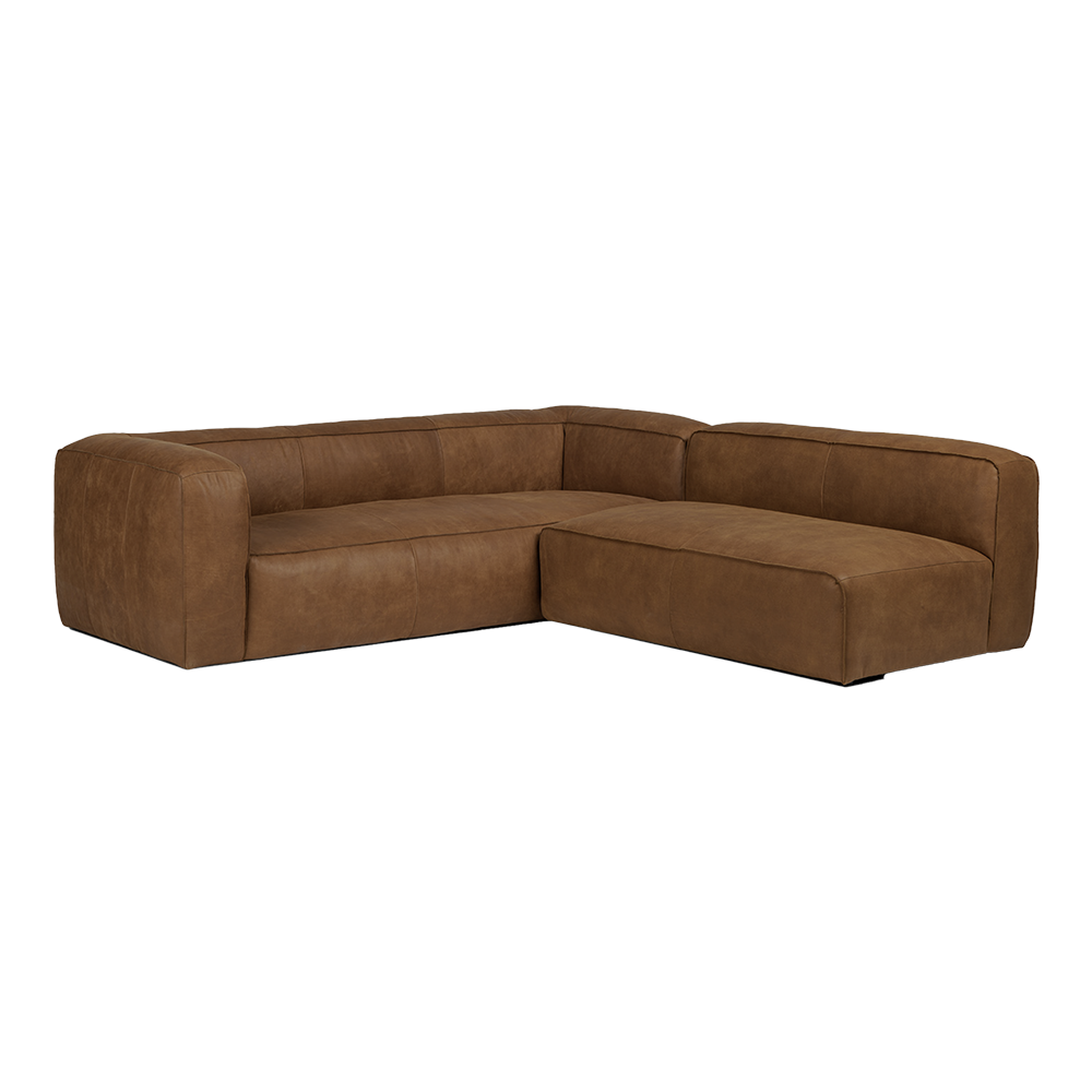 Brown leather L-shaped sectional sofa against a white background.