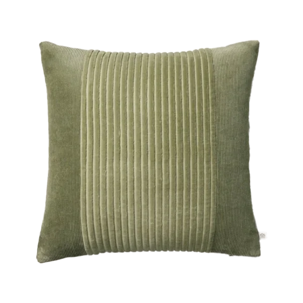 Green corduroy throw pillow with vertical stripe pattern