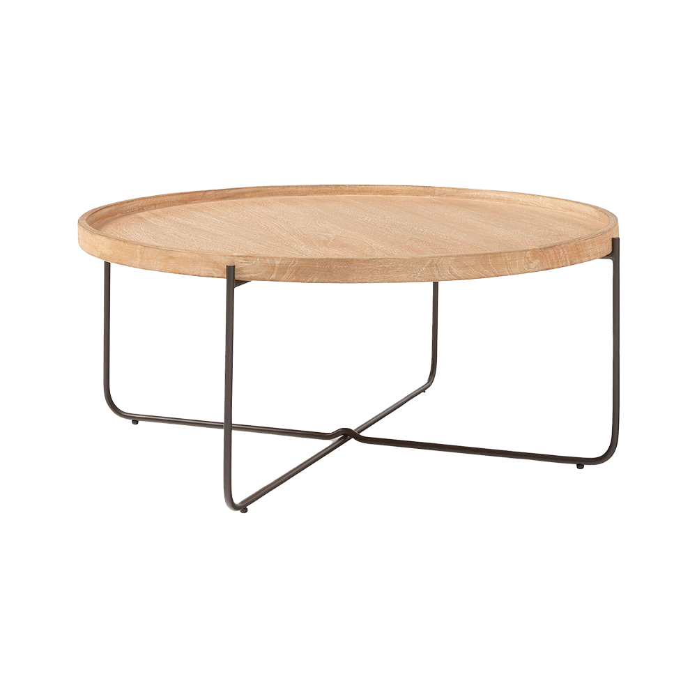 Round wooden coffee table with thin metal legs