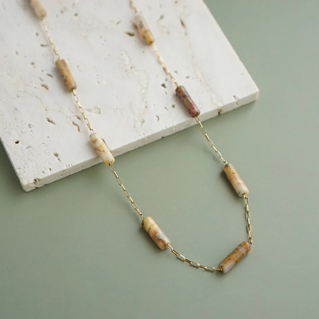 Tube Bead Station Necklace in Crazy Lace Agate