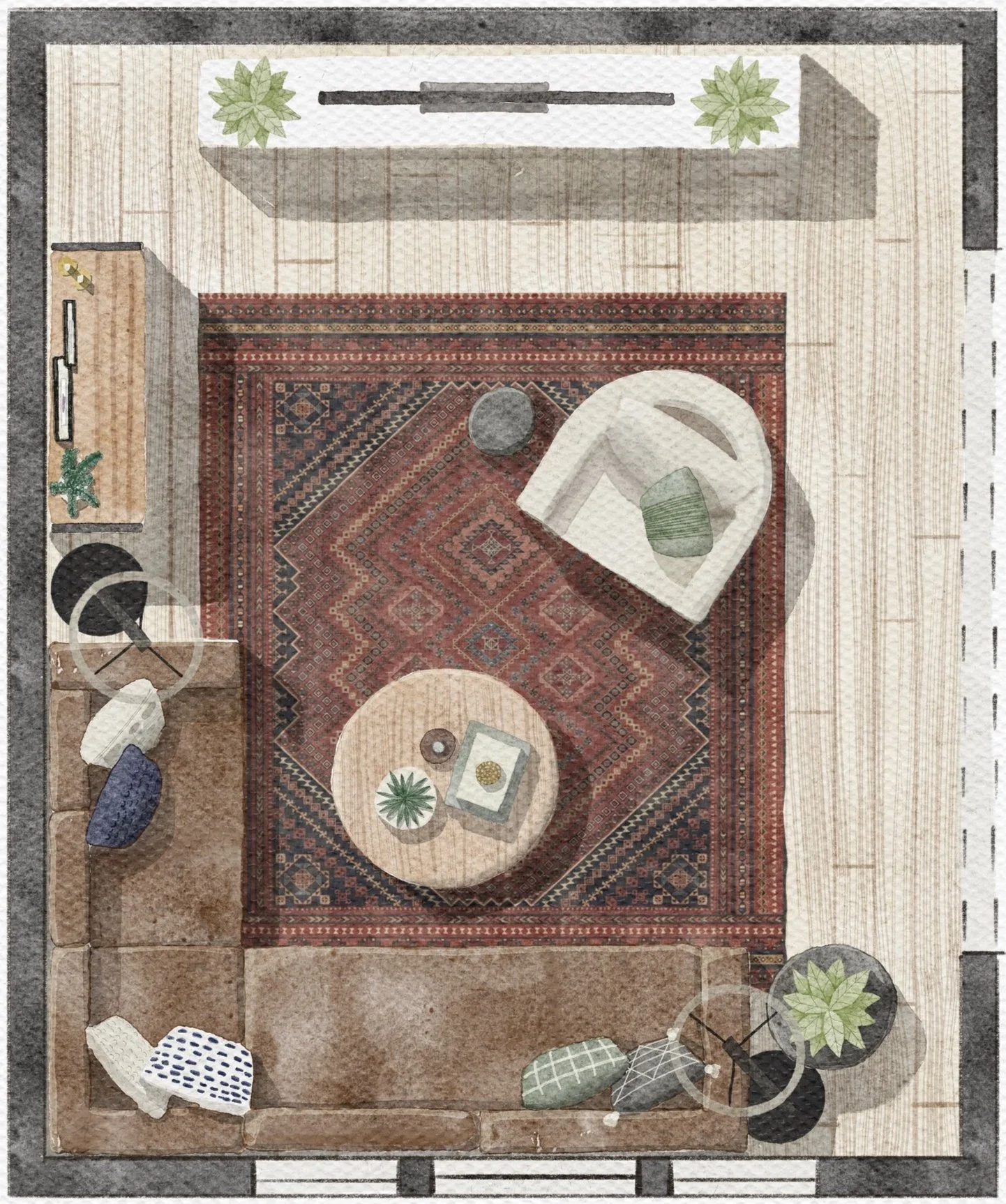 Top view of a cozy living room with a red patterned area rug, a circular wooden coffee table with decor, a brown sectional sofa with colorful cushions, a white armchair, a media console with plants, and wood flooring.