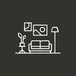 Minimalist line drawing of a living room with a sofa, floor lamp, potted plant, and wall art.