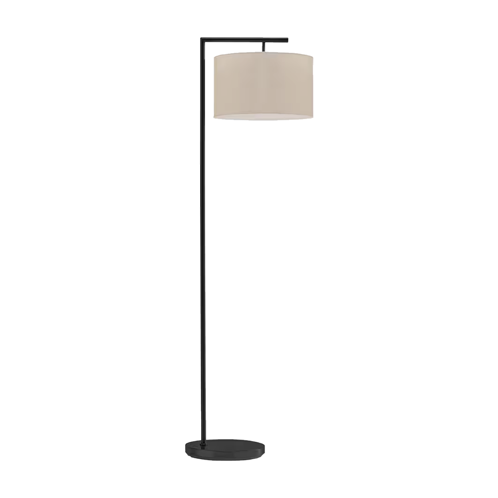 Modern floor lamp with black metal stand and beige drum shade