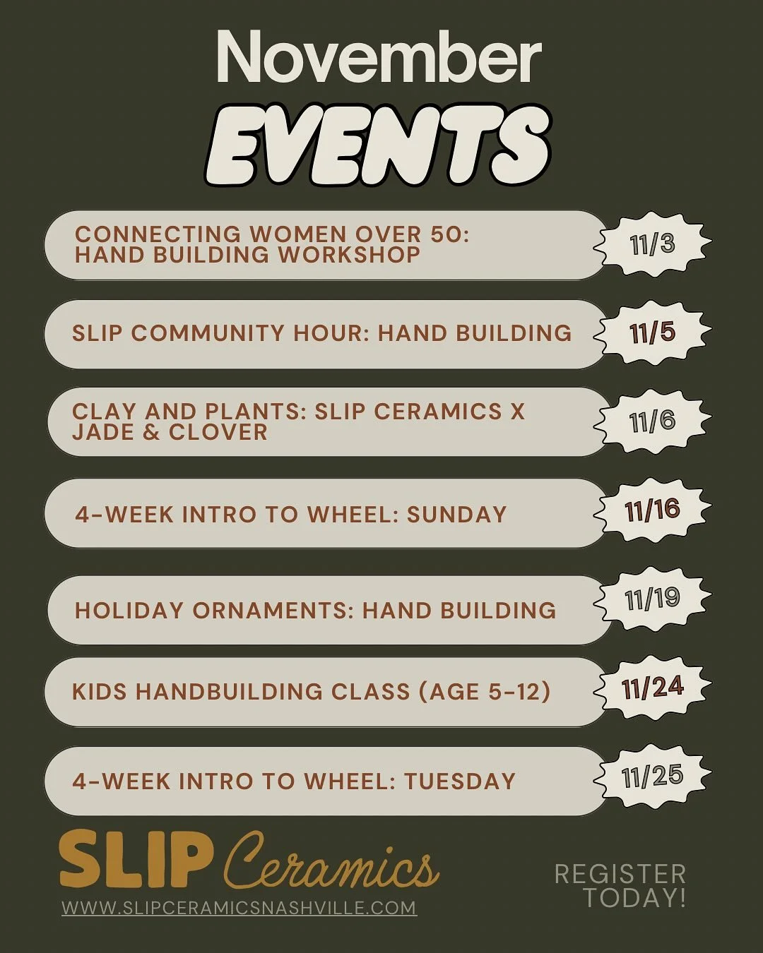 See you in November! π
Our new class calendar is live — from beginner wheel throwing to hand-building workshops and seasonal events, there’s something for everyone.
Register for classes at π www.slipceramicsnashville.com
πEast Nashvil