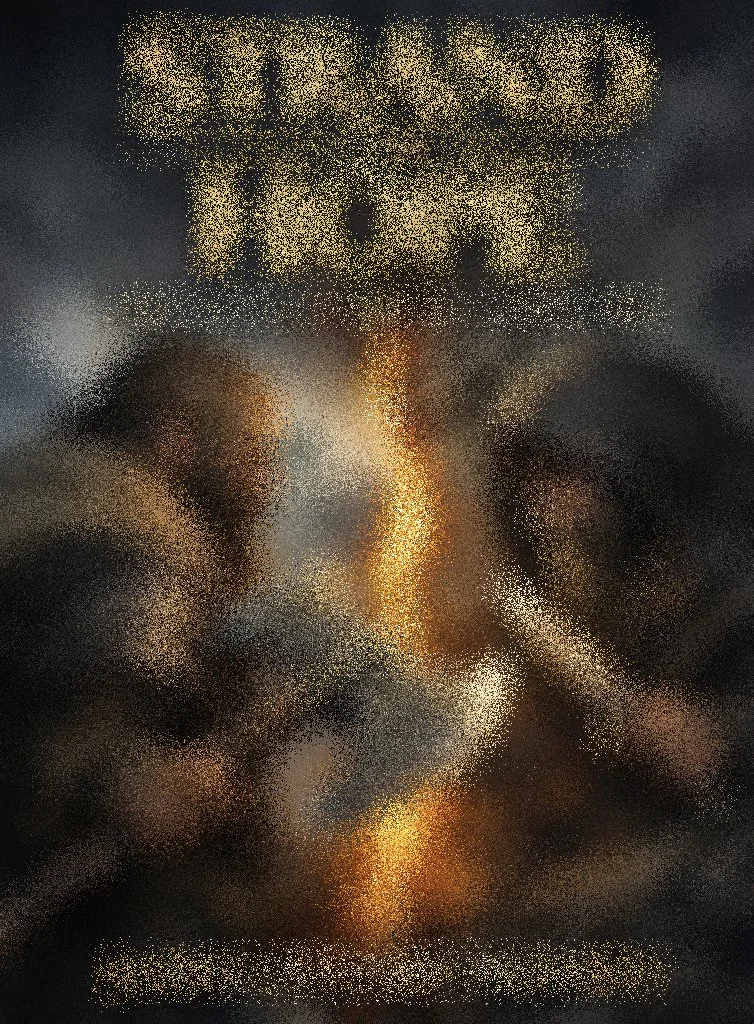 Blurred image with gold and black colors, with a faint light streaks in the center, and some text at the top written in a sparkly style.