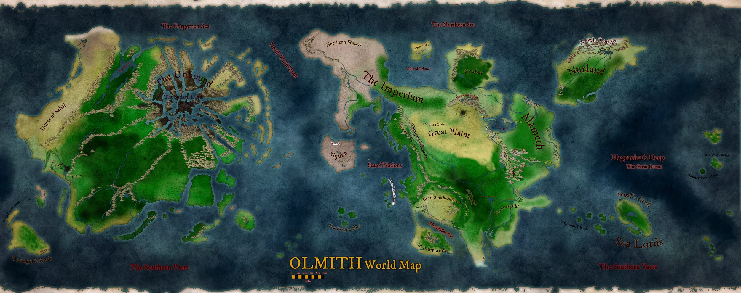 A detailed fantasy world map titled 'OLMITH World Map' showing continents, seas, and regions with names and terrains, including deserts, plains, mountains, and seas, with labels such as the Forgotten Sea, Northern Wastes, the Unbound, the Imperialium, and others.