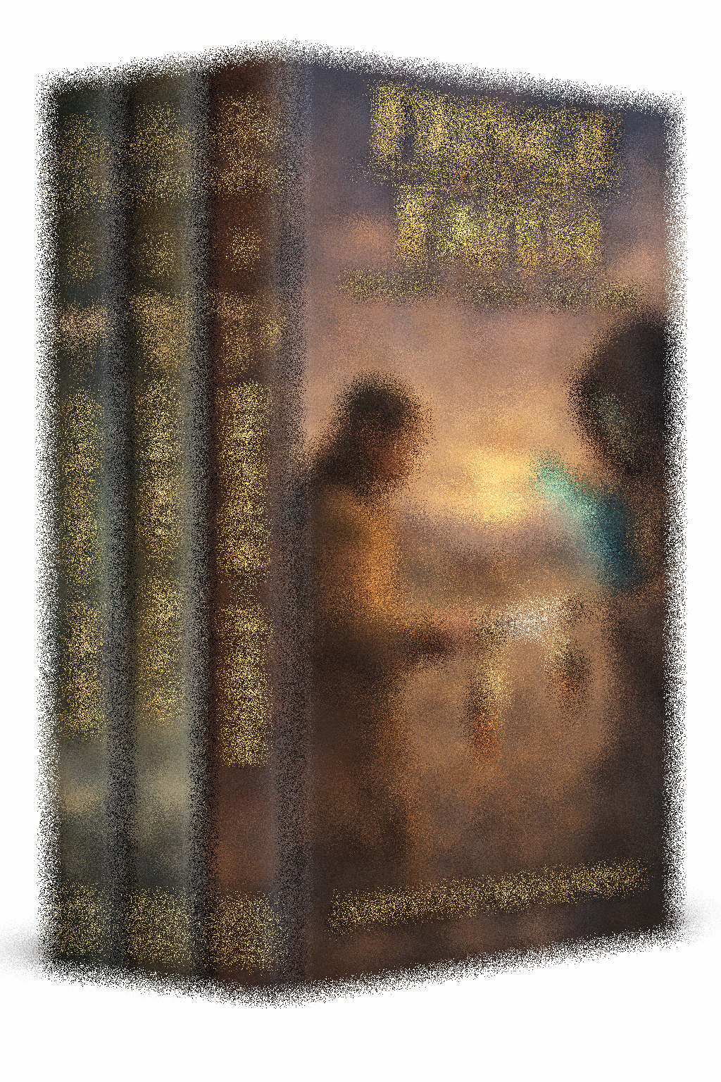 Blurred image of a magazine or book cover with a person on it, featuring bright yellow text.