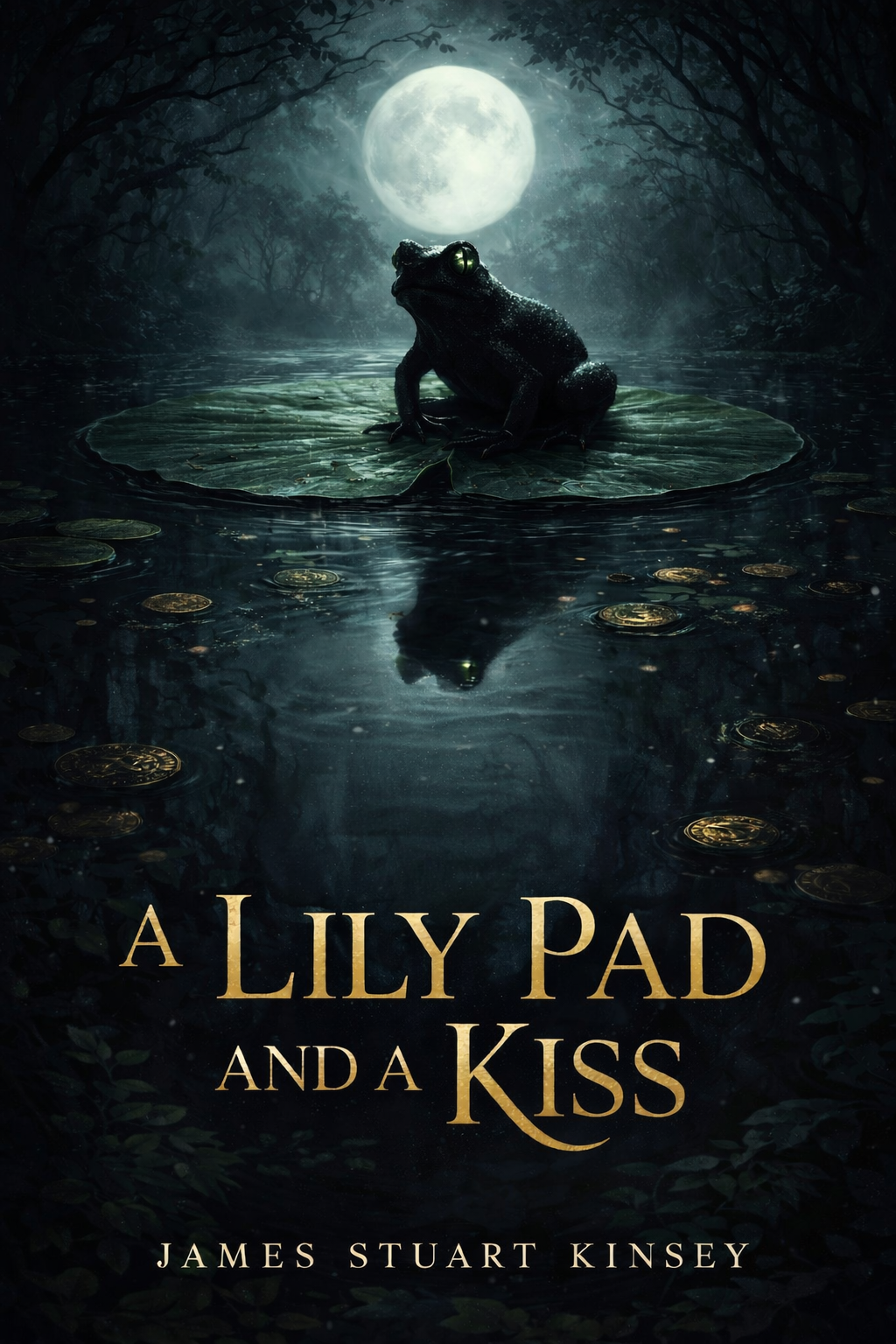 Book cover for 'A Lily Pad and a Kiss' by James Stuart Kinsey, featuring a black frog wearing goggles sitting on a lily pad under a bright full moon at night, surrounded by dark water with floating coins.