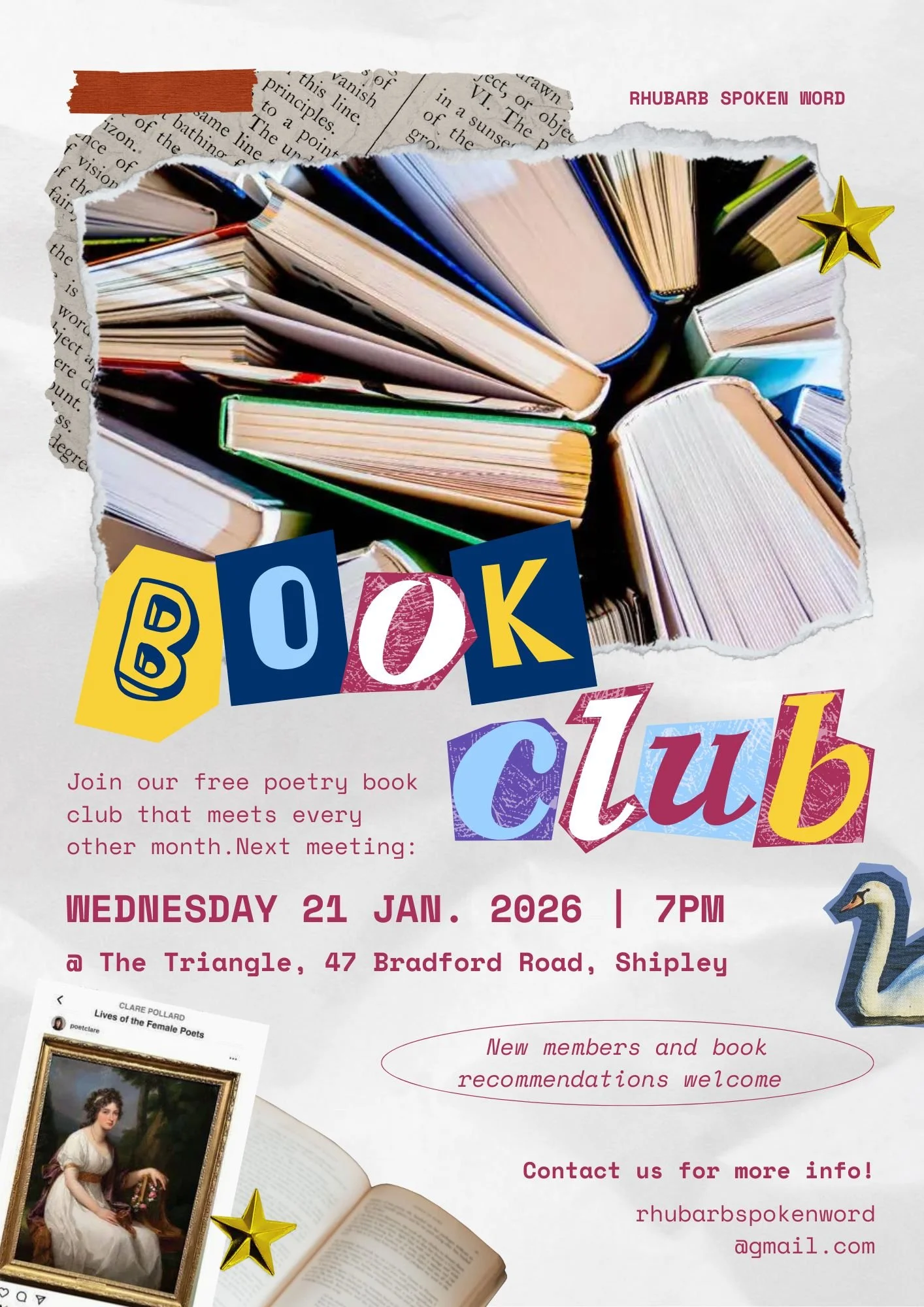 Book Club poster advertising next meeting on Wednesday 21 January 2026 at The Triangle in Shipley from 7pm