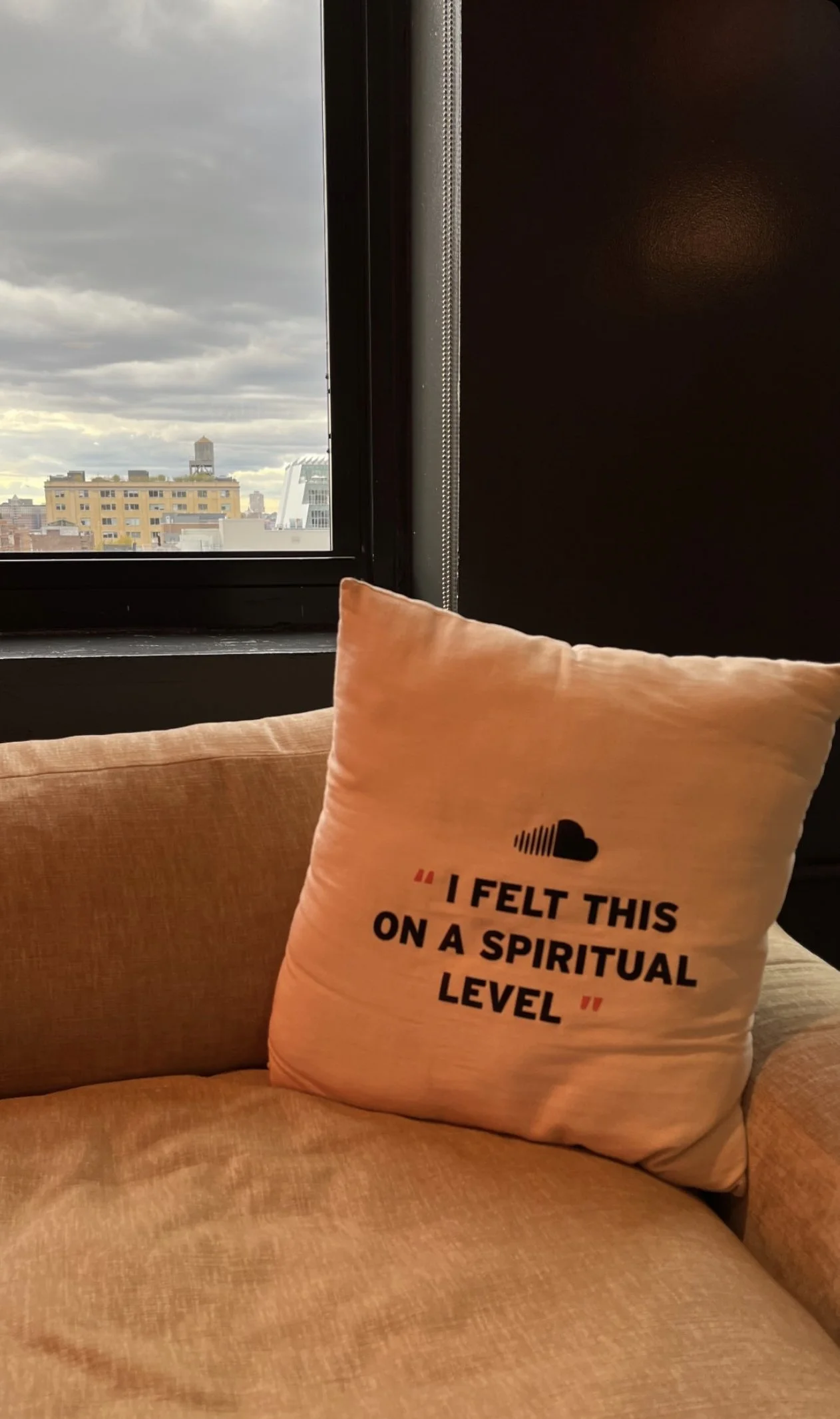 Pillow on a couch in front of a window with a cityscape view, displaying the text 'I felt this on a spiritual level.'