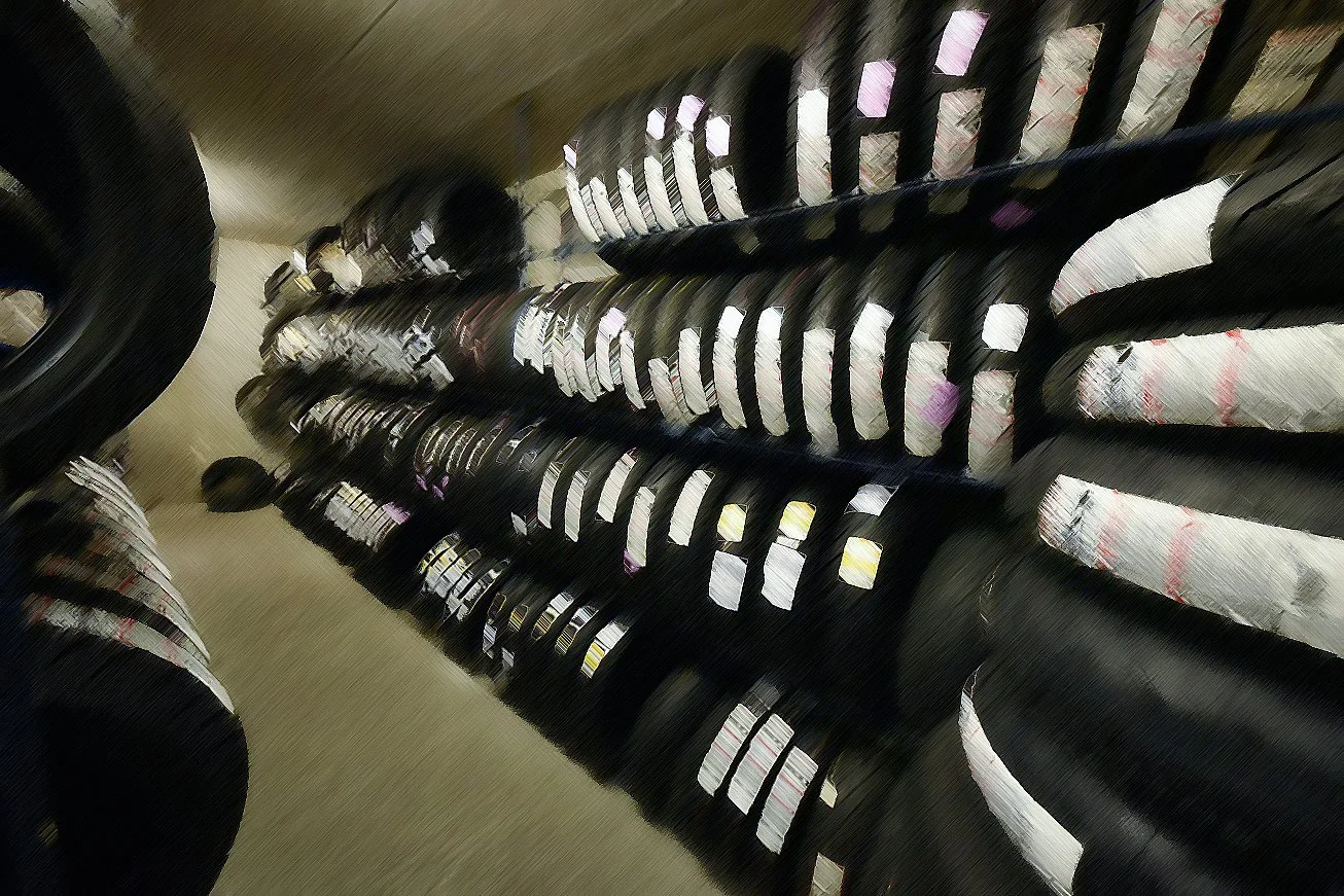 Close-up eines schwarzen Gitterregals, das vorrangig aus horizontalen Stäben besteht, mit leichten Lichtreflexionen und rot-weißen Markierungen auf den einzelnen Stäben.