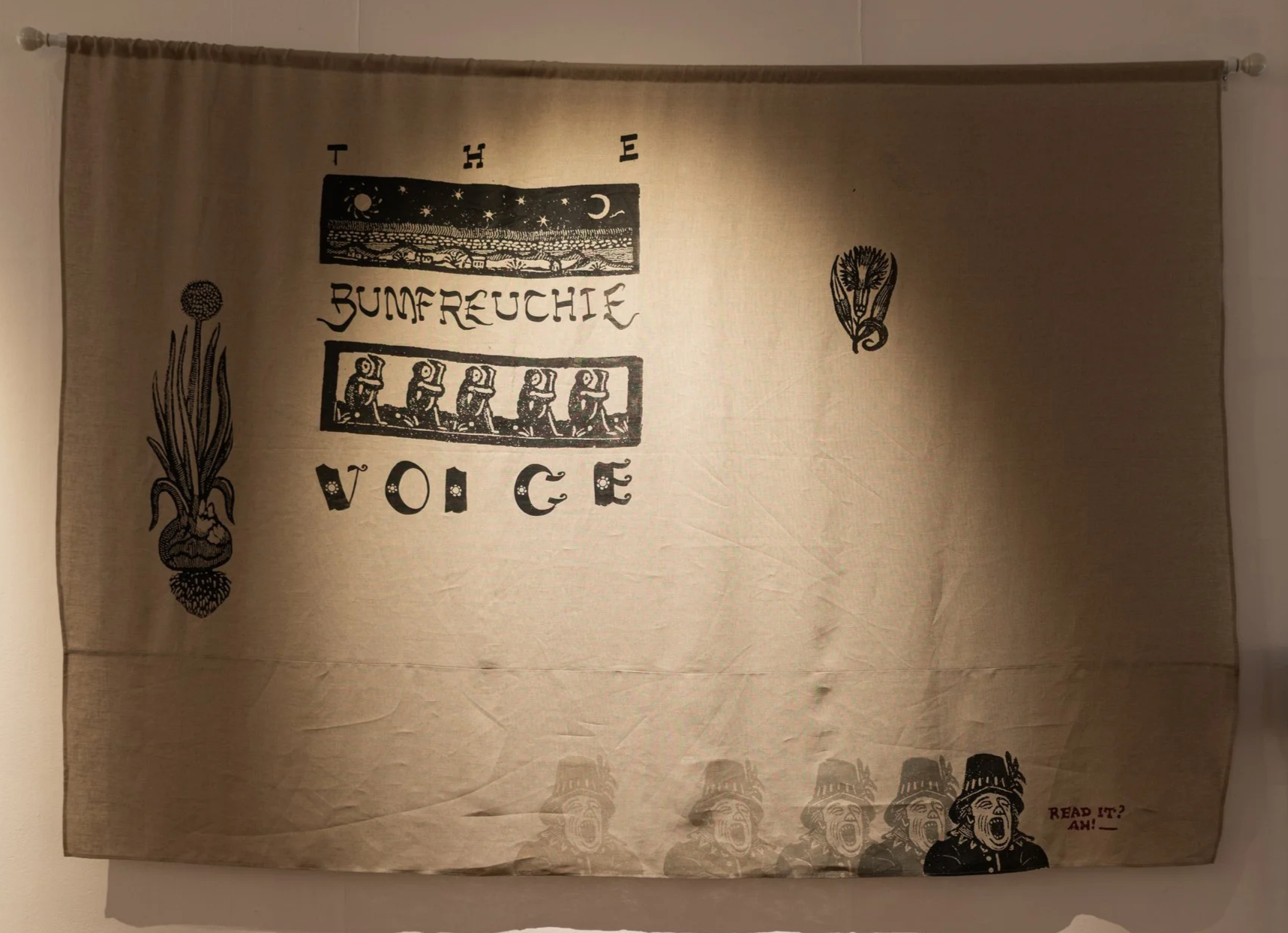 Curtain for The Bumfreuchie Voice: A Festival of Traditional Song (2025), screenprinted linen curtain, 300 x 1.7cm approx.