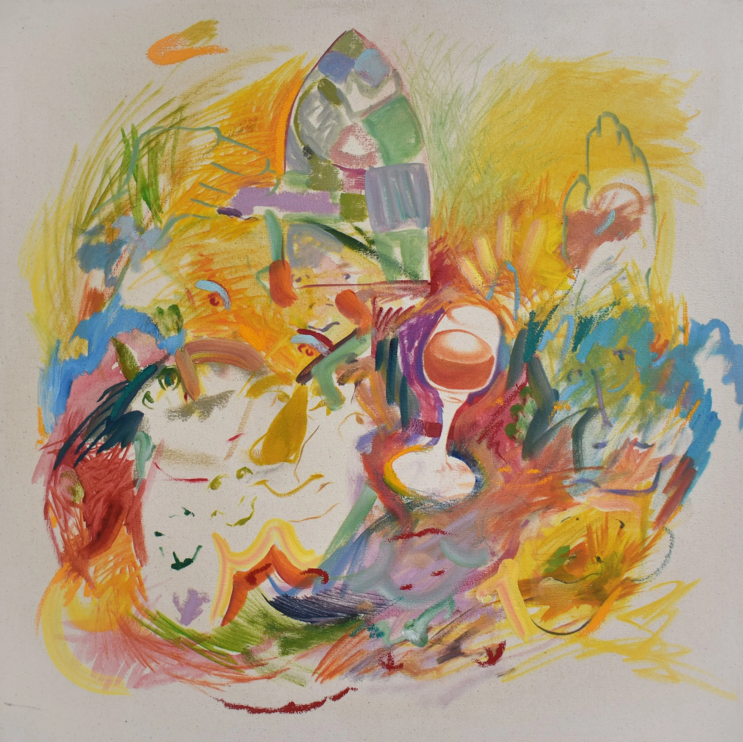 The Freemasons’ Saturday Night as Imagined by Mr. Herbcastle at Six Minutes Past Noon on Sunday (2024), oil paint, pastels and oil bar on primed canvas, 75 x 75cm