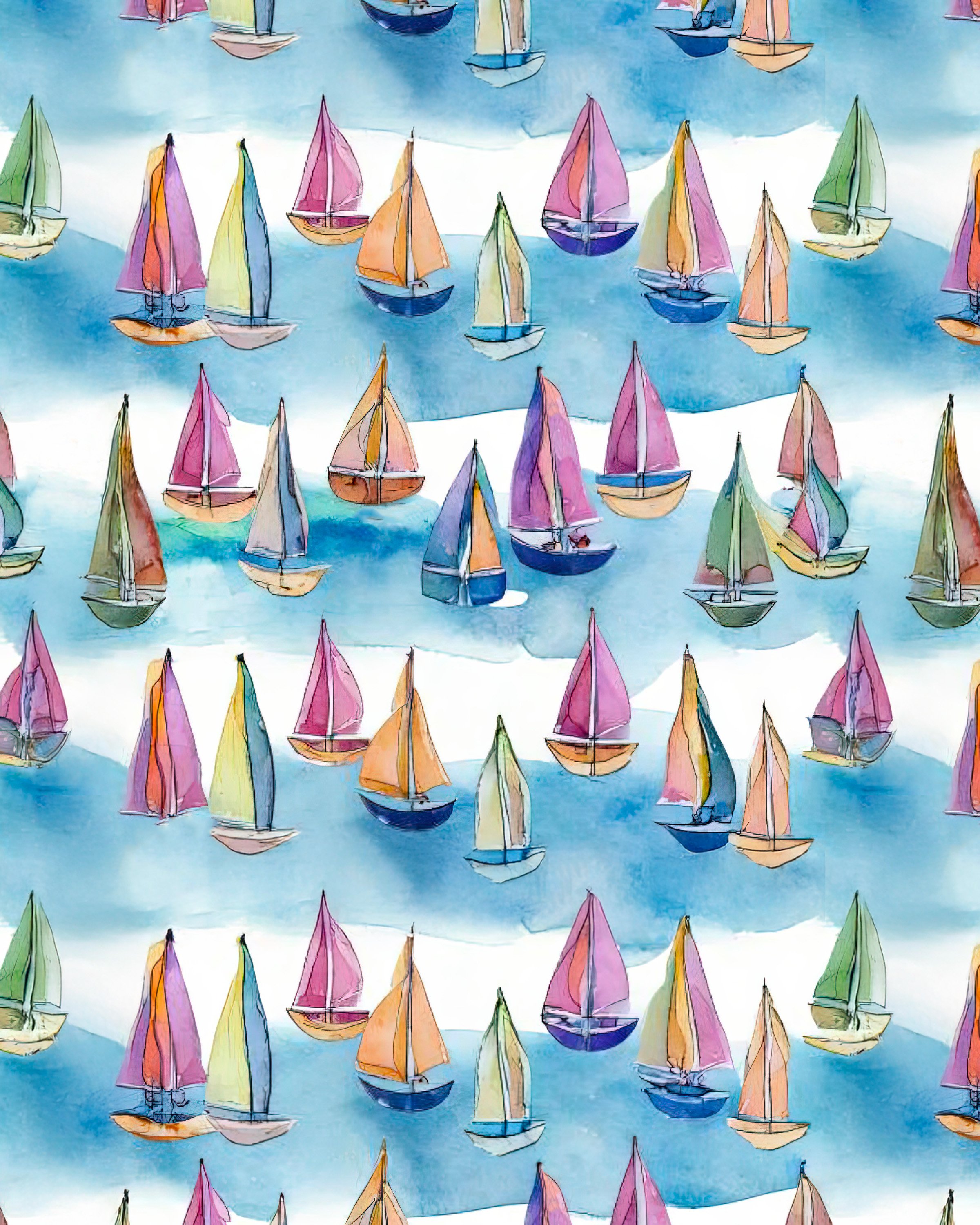 Watercolor pattern of colorful sailboats on a blue ocean background.