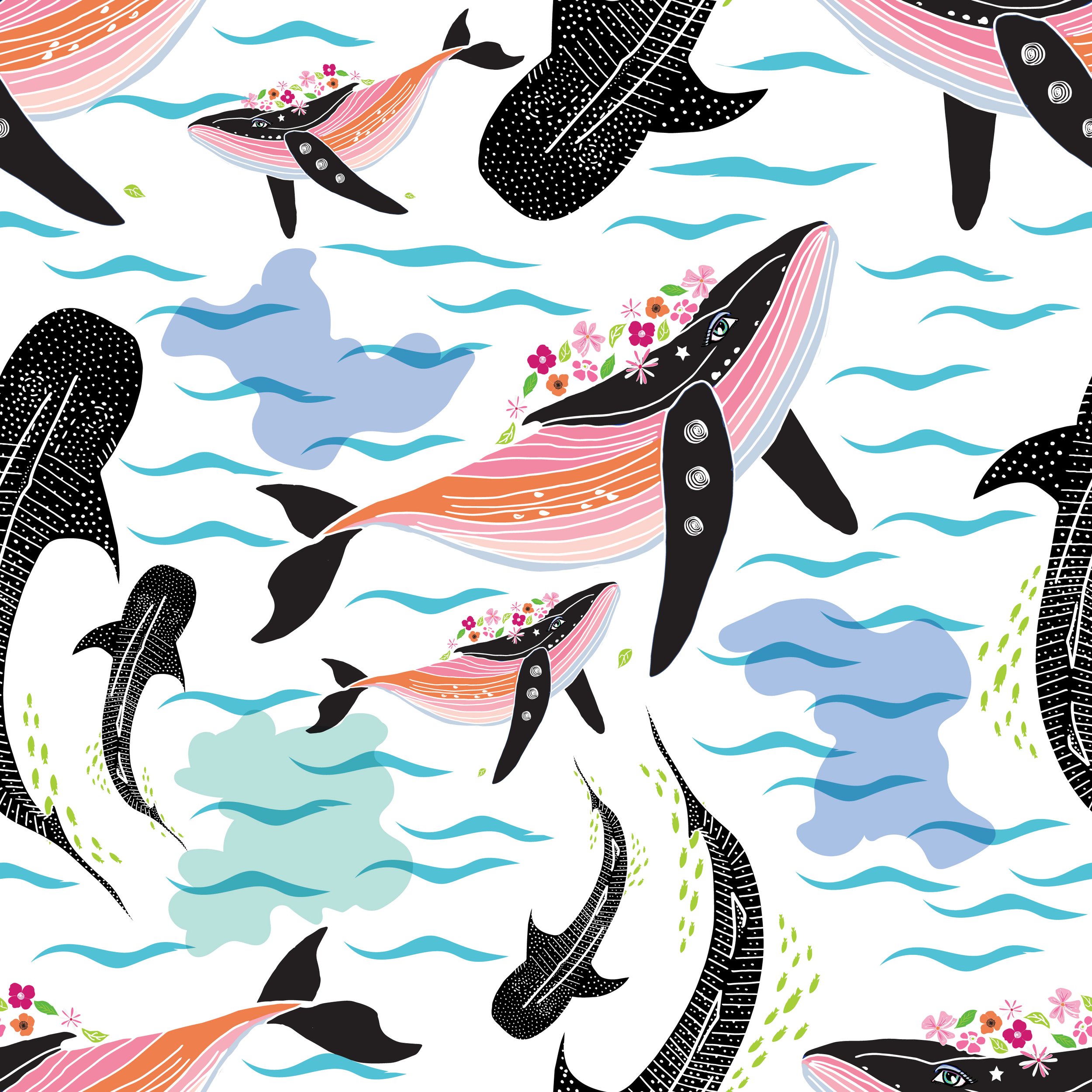 Colorful pattern featuring stylized whales with floral decorations on a white background, surrounded by blue wave-like shapes.