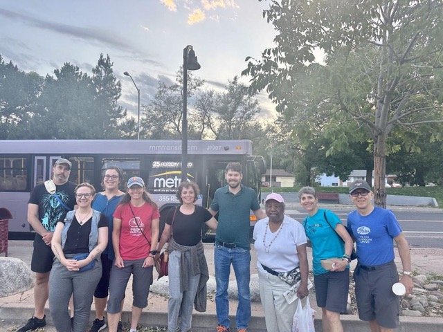 Zero Fare for Better Air event with Zero Fare for Better Air cosponsor Steph Vigil (HD16), John Jarrell, and local legend June Waller, & members of People Centered COS/PaC Man. (Summer 2023)