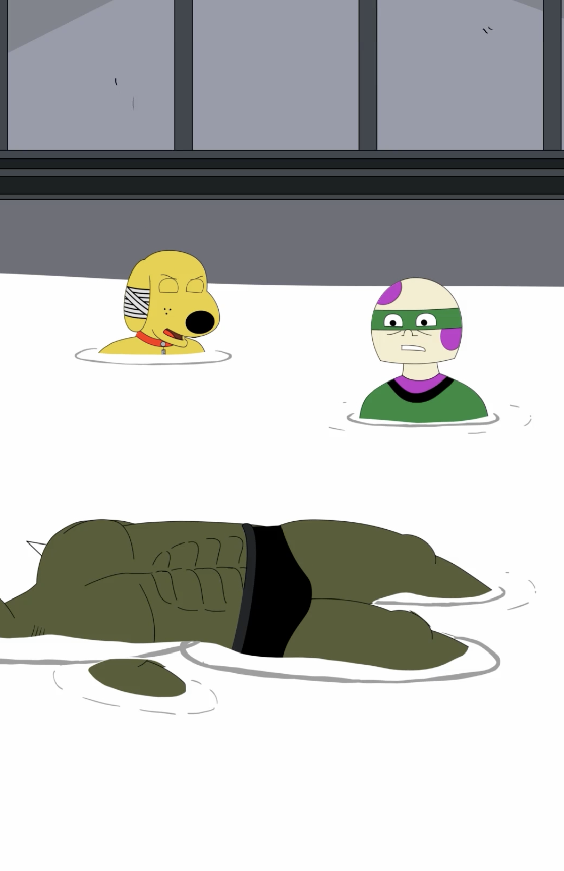 Pissfinger and Shroom Boi float in a sea of milk and notice their ally Brackish the Marsh God has drowned and died. 