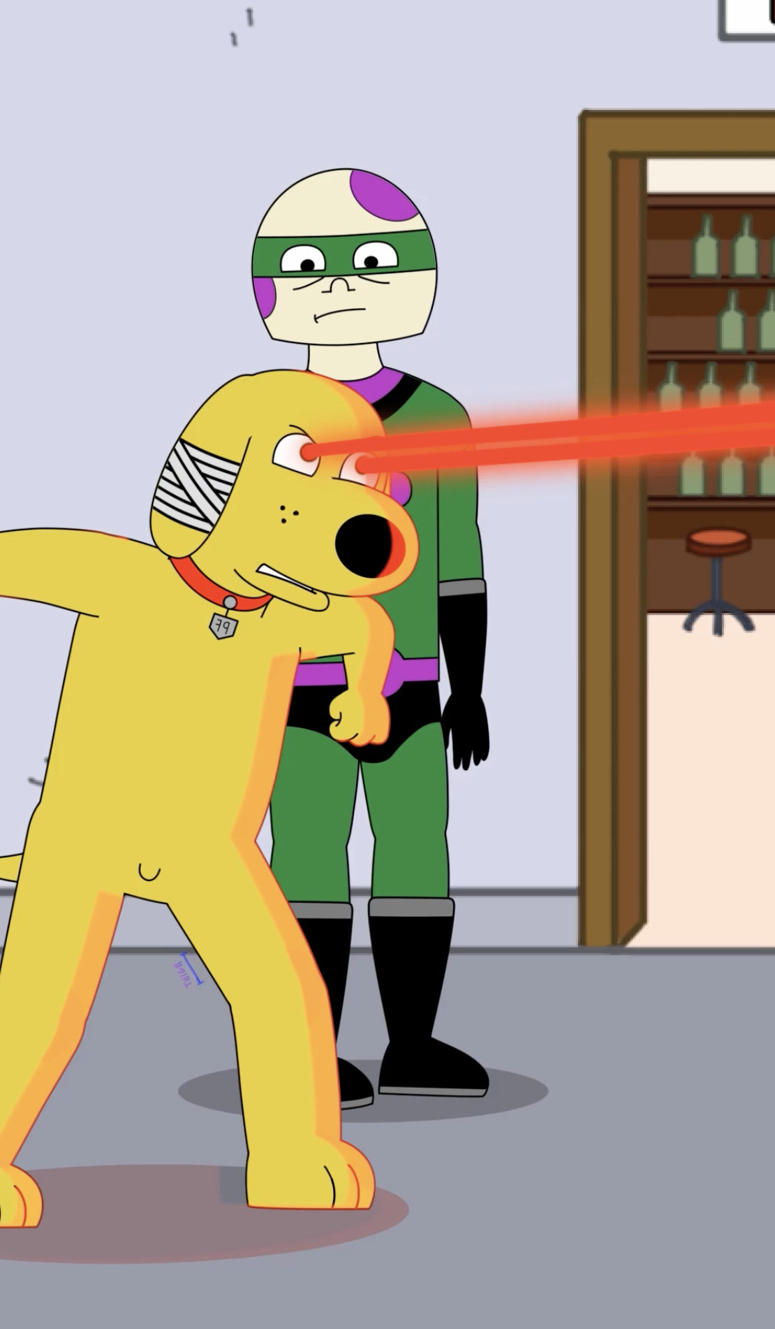 Pissfinger shoots his laser beams during a battle with The Milk Man.