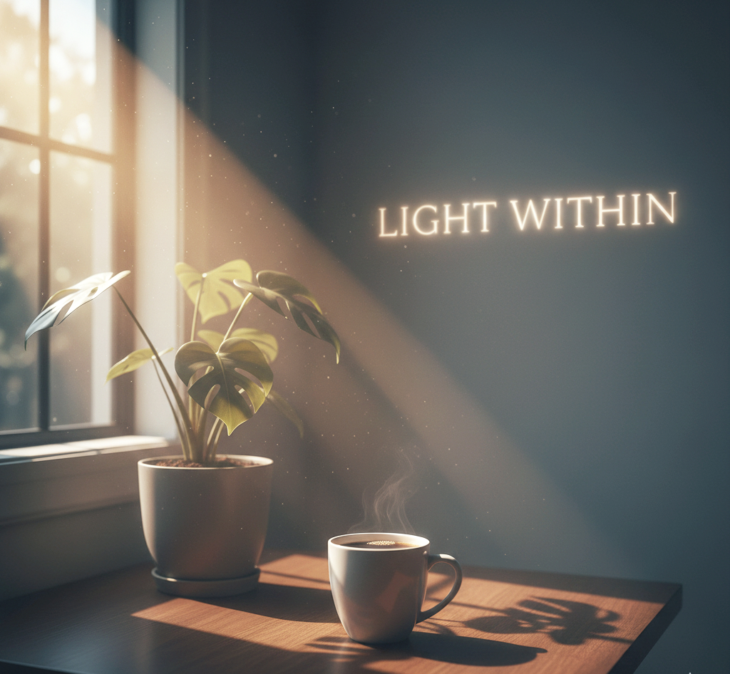 A steaming cup of coffee on a wooden table with a potted plant and sunlight coming through a window. The words "Light Within" are illuminated on the wall.