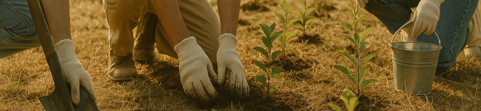 Hands planting sprouts in a field with gloves and tools, representing Branca Theory’s commitment to equitable growth.