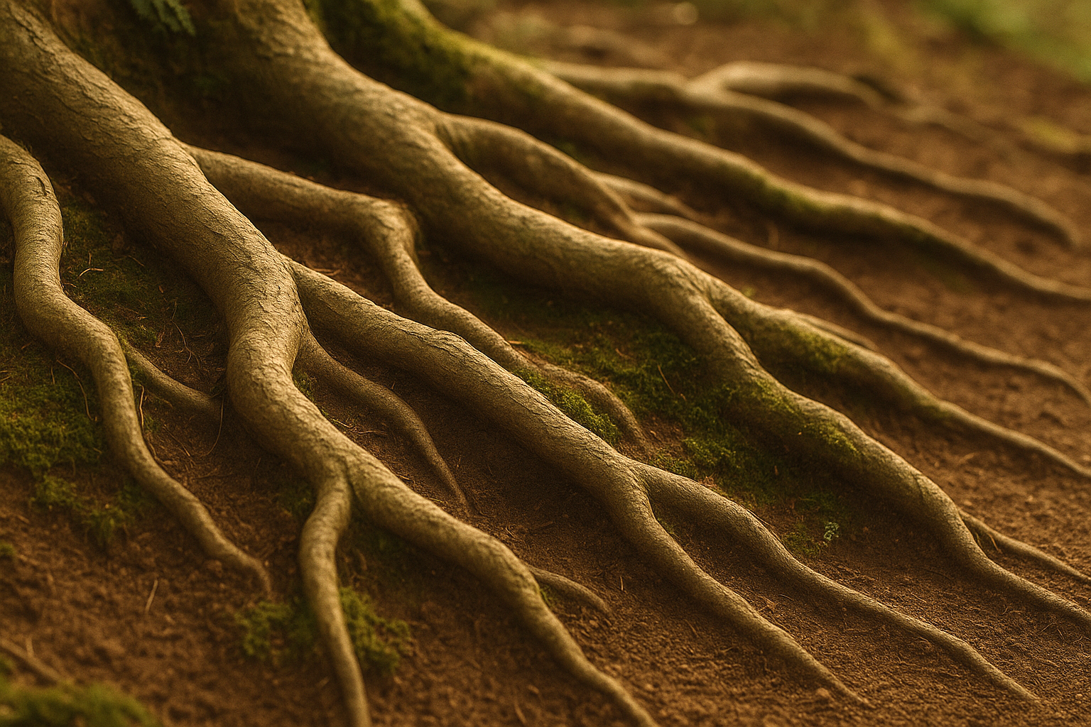 Natural tree roots symbolizing the grounded foundation and organic growth behind Branca Theory.