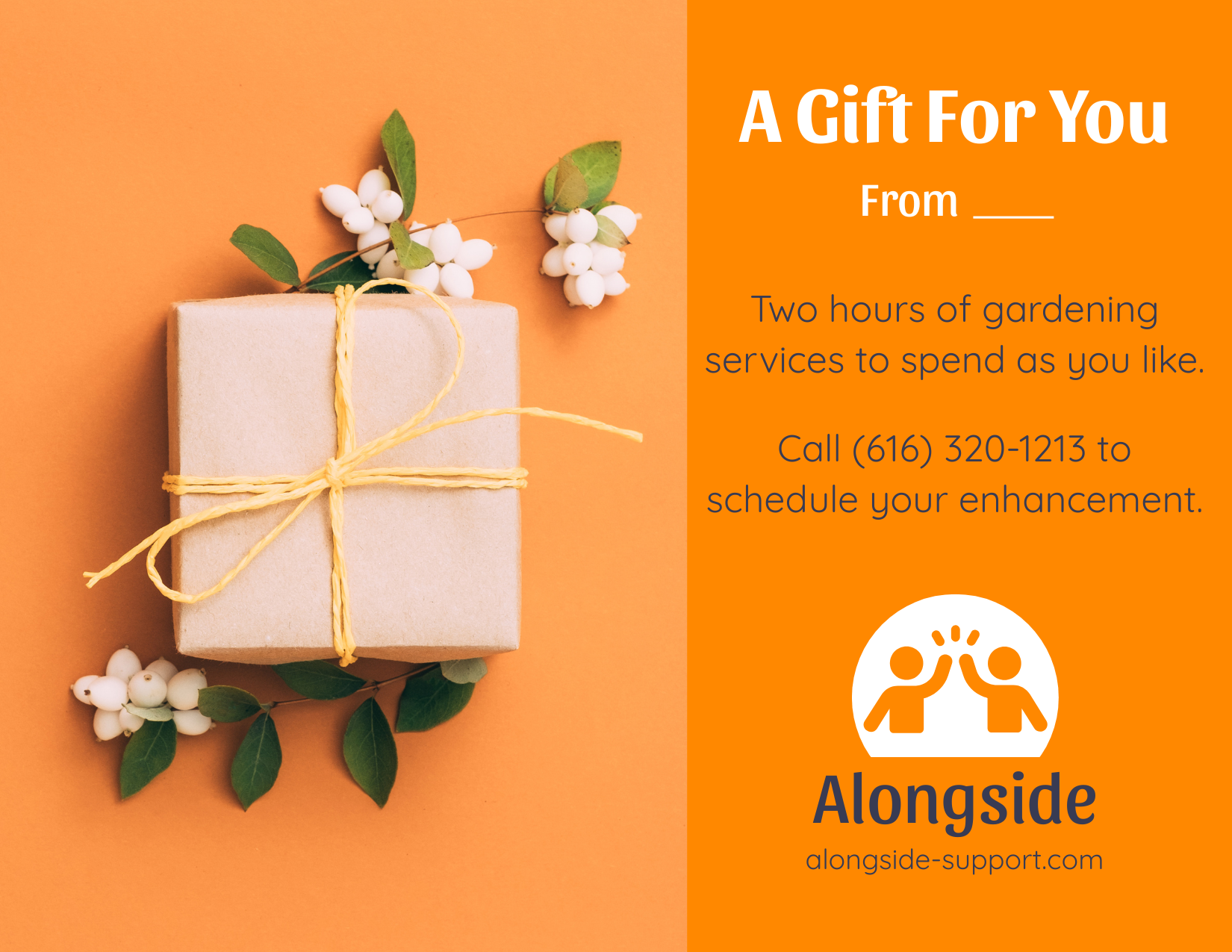 gift wrapped in brown paper with a yellow string bow; white berries and green leaves above and below it