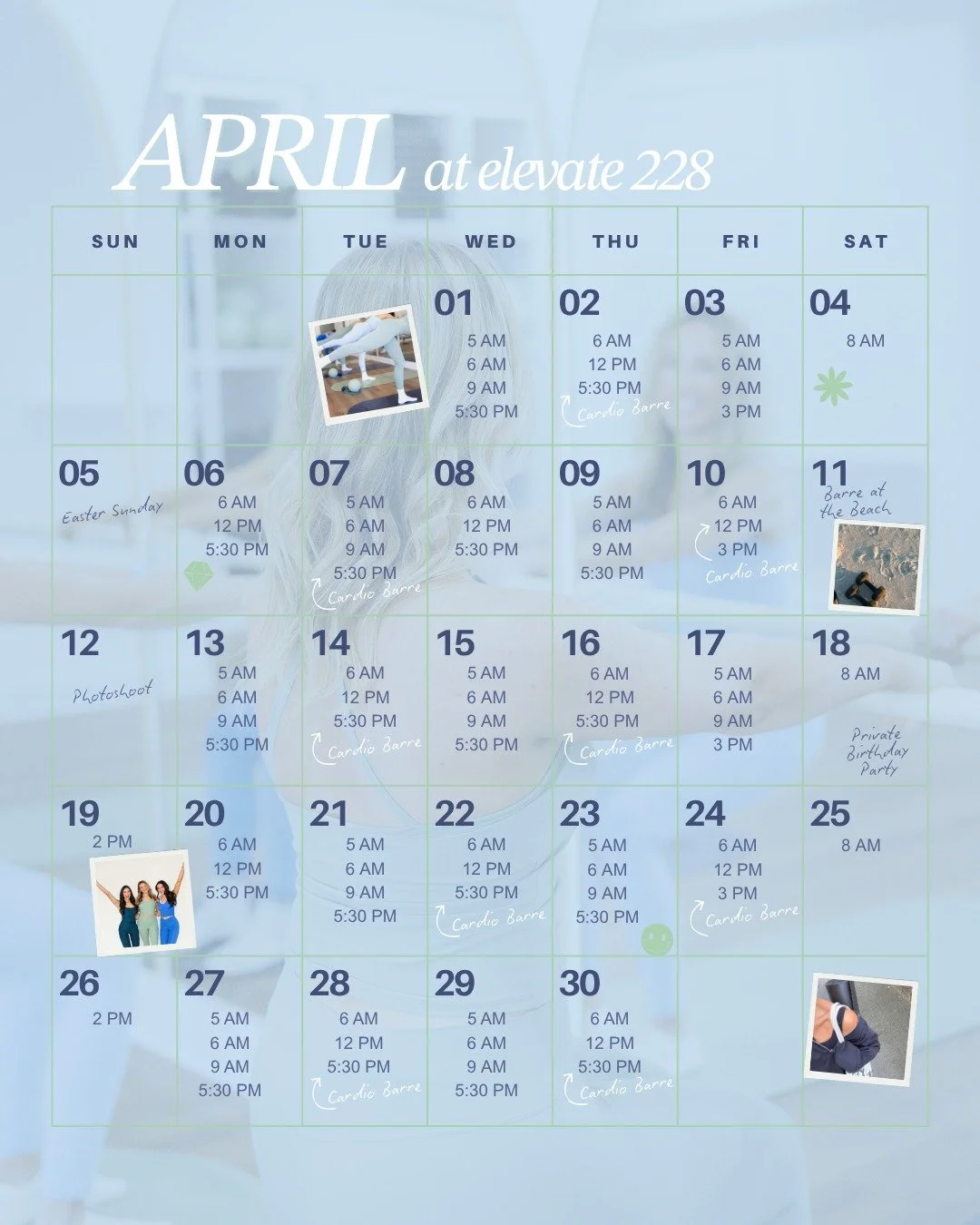April is almost here, and we&rsquo;ve got some exciting updates you don&rsquo;t want to miss!! 20 classes in 30 days, new class times, barre at the beach, $99 month unlimited, high school membership, and more!! We can not wait 🤩
