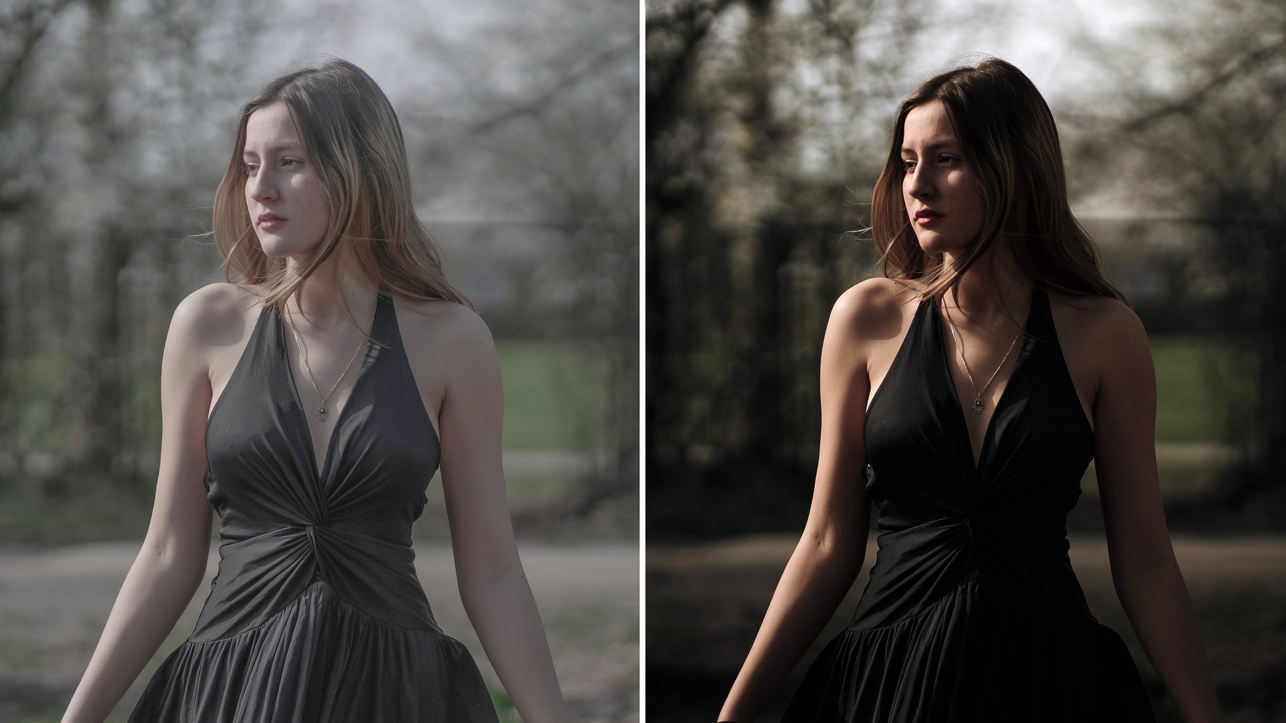 Donna con vestito nero lungo, capelli castani, posa in esterni in due foto, a sinistra con luce naturale e a destra in toni più scuri e caldi.
