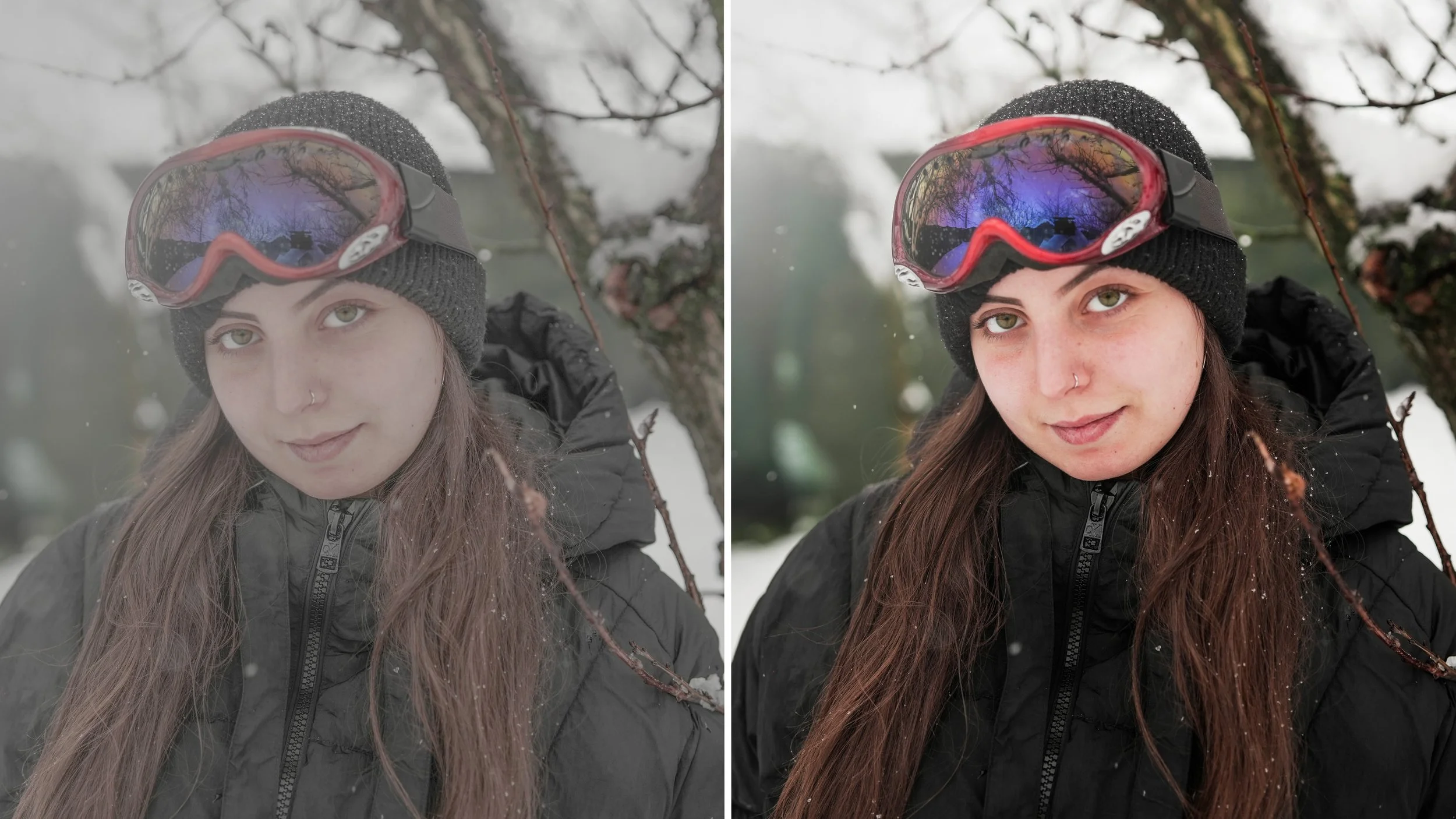Due foto di una giovane donna con cappello nero, giacca nera e occhiali da sci rossi, in un contesto nevoso e alberi spogli. Nella prima immagine il volto è discolorato, nella seconda il volto è naturale.