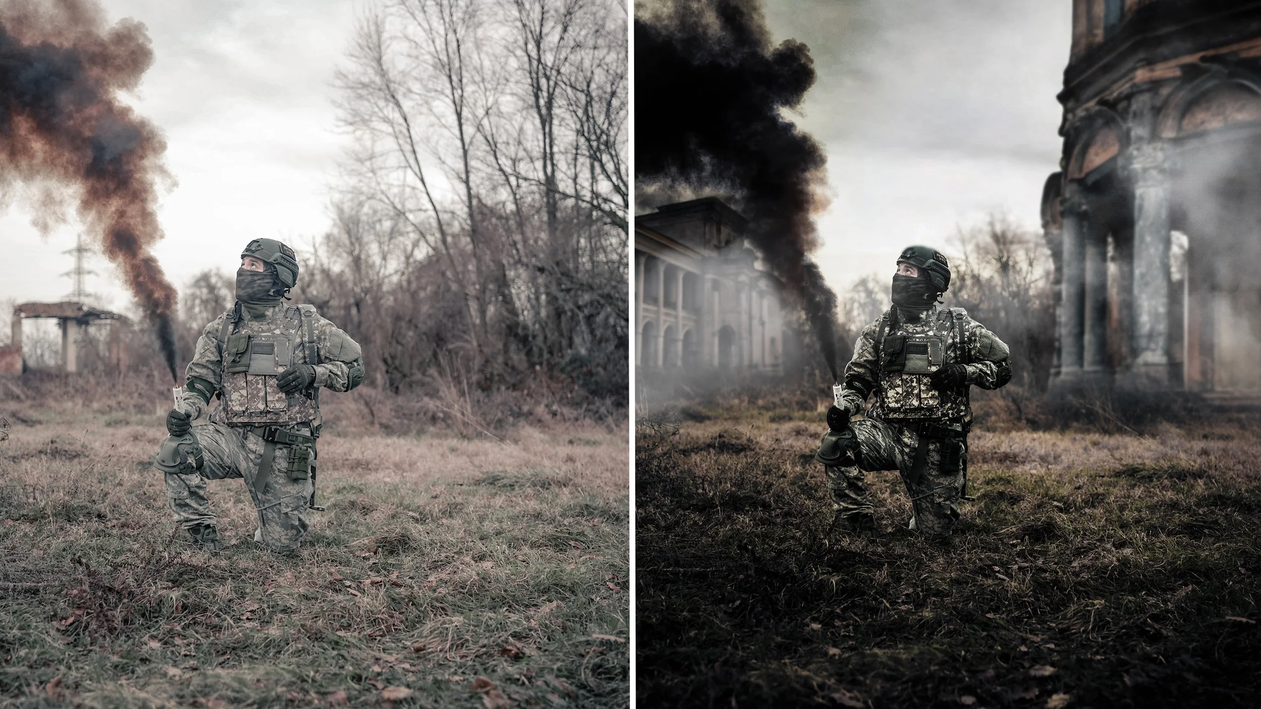 Immagine divisa in due parti: a sinistra, un soldato in divisa mimetica con mascherina, in ginocchio in un campo con alberi spogli; a destra, lo stesso soldato in un'ambientazione più drammatica con edifici in rovina, fumo nero e cielo tempestoso.