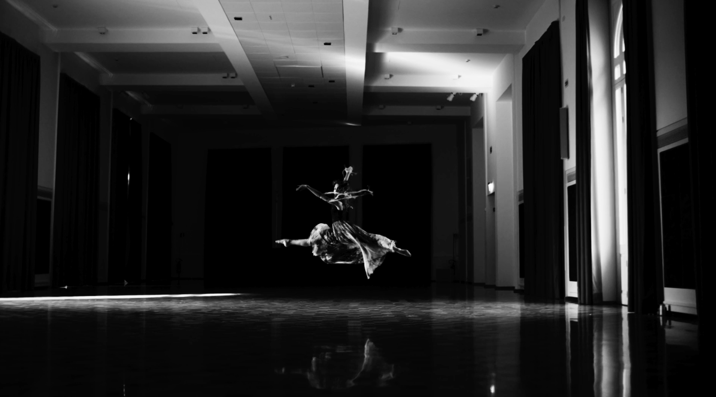 Ballerina sospesa in aria durante una performance in una sala buia con luci mirate sull'insieme.